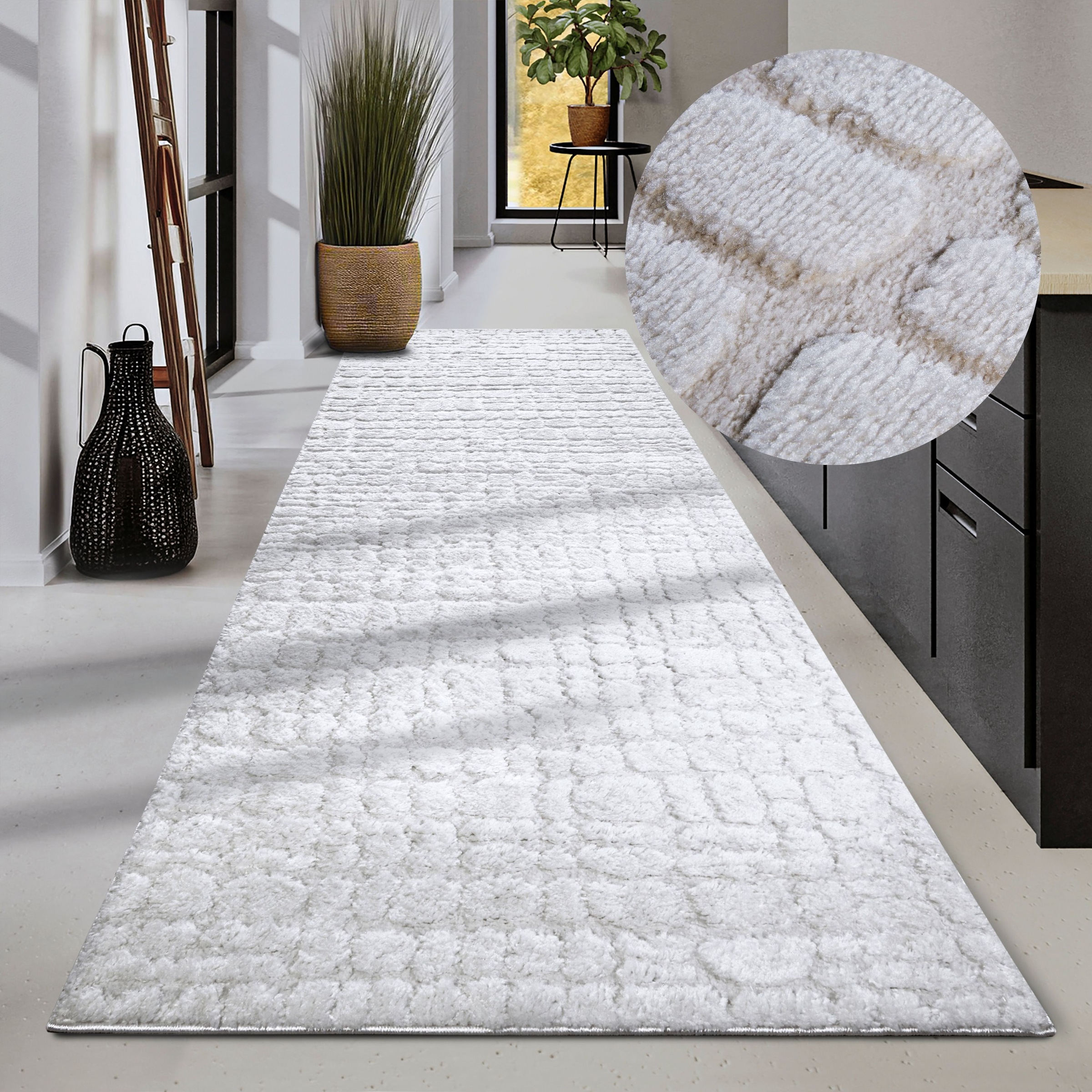 Designteppich ELLE DECORATION "Artistique", weiß (cremeweiß), B:80cm H:18mm L:240cm, Polyester, Teppiche, Hochflor, Shaggy, Läufer, weich, Langflor, modern, Hoch Tief Effekt