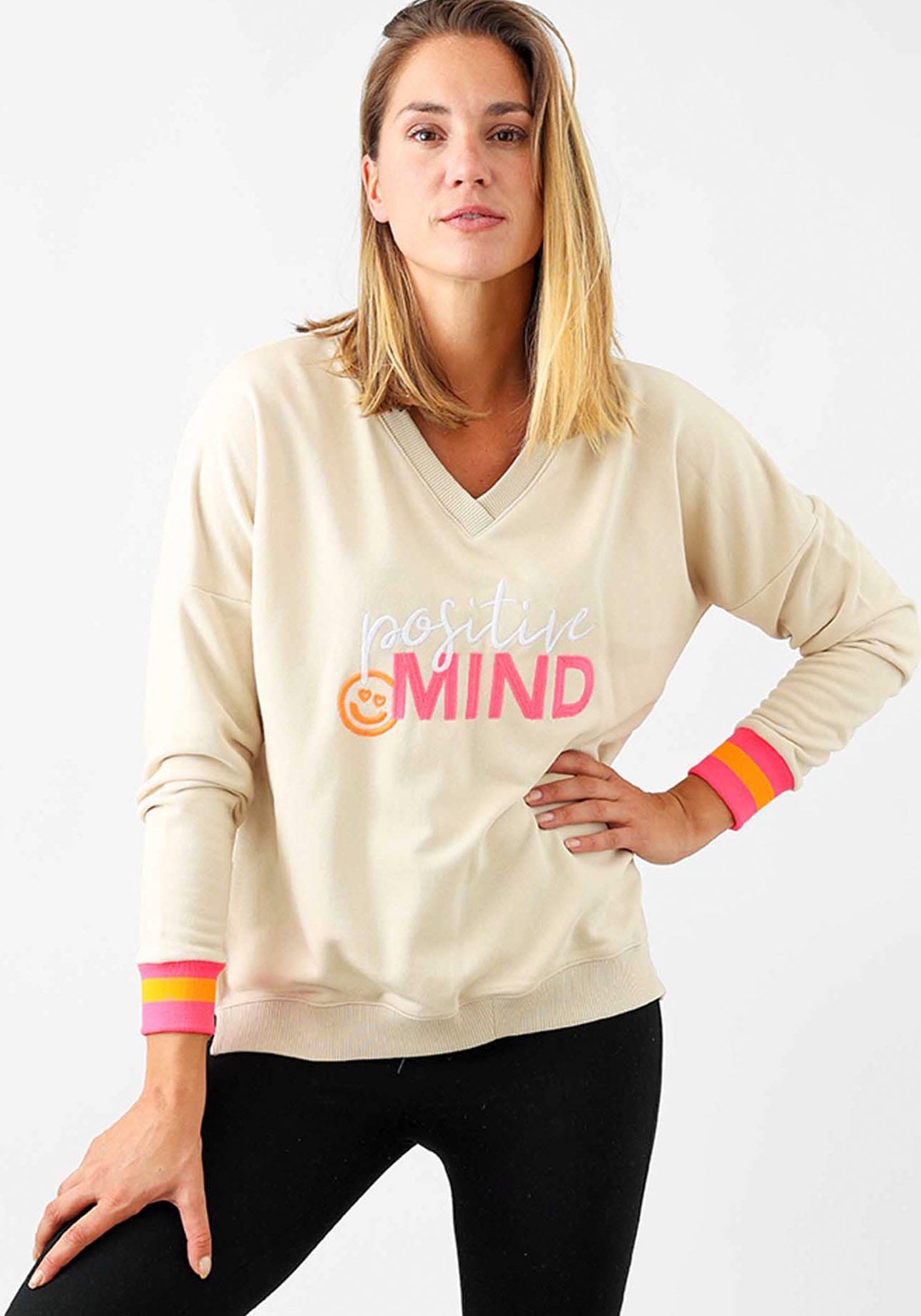 Zwillingsherz Sweatshirt, mit V-Ausschnitt, "Positive Mind"-Aufstick und neonfarbenen Bündchen