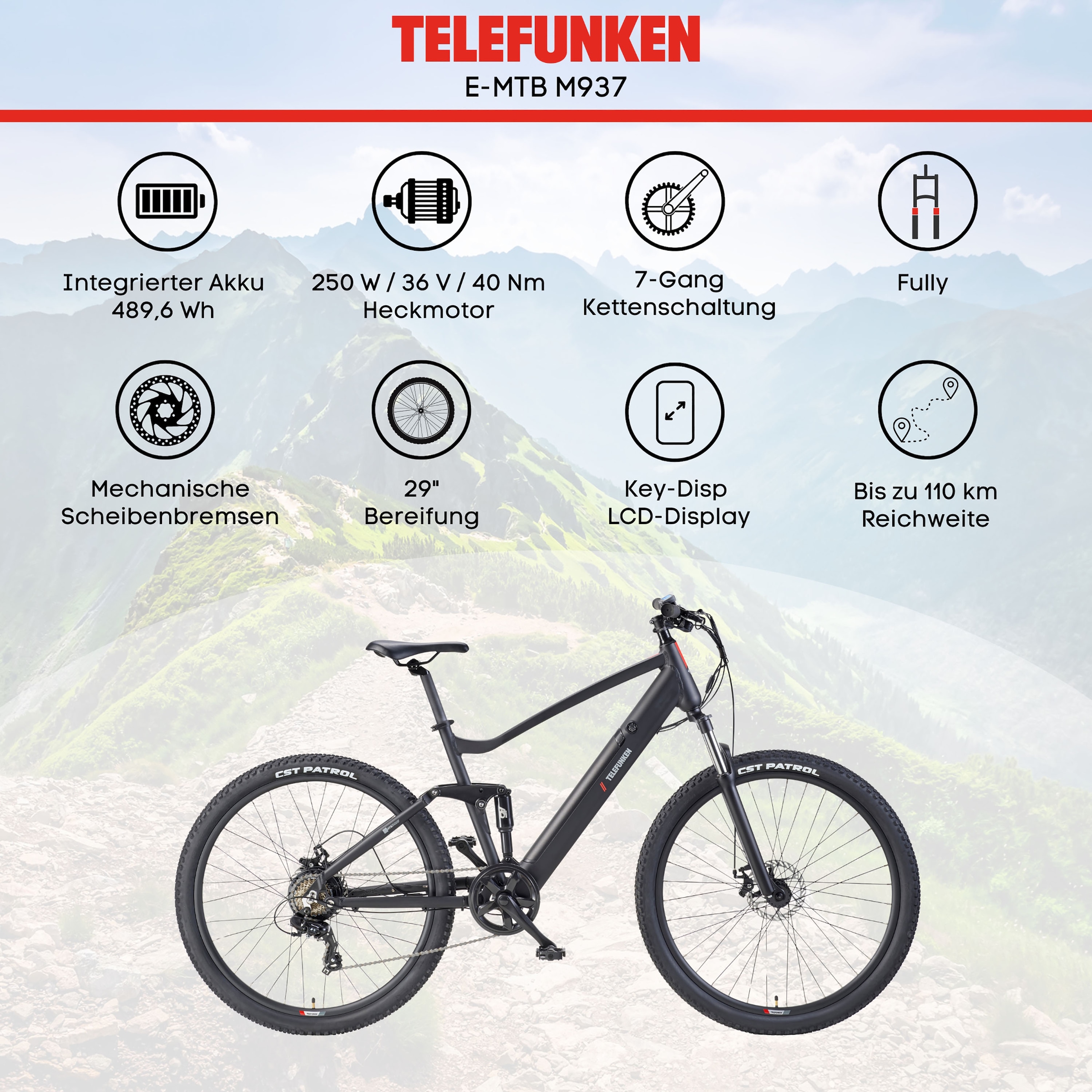 Telefunken »Aufsteiger M937« 7 Gang Shimano TY300D Schaltwerk Kettenschaltung Heckmotor 250 W Pedelec, Elektrofahrrad, Damen u. Herren, E-MTB, Mountainbike, 29 Zoll