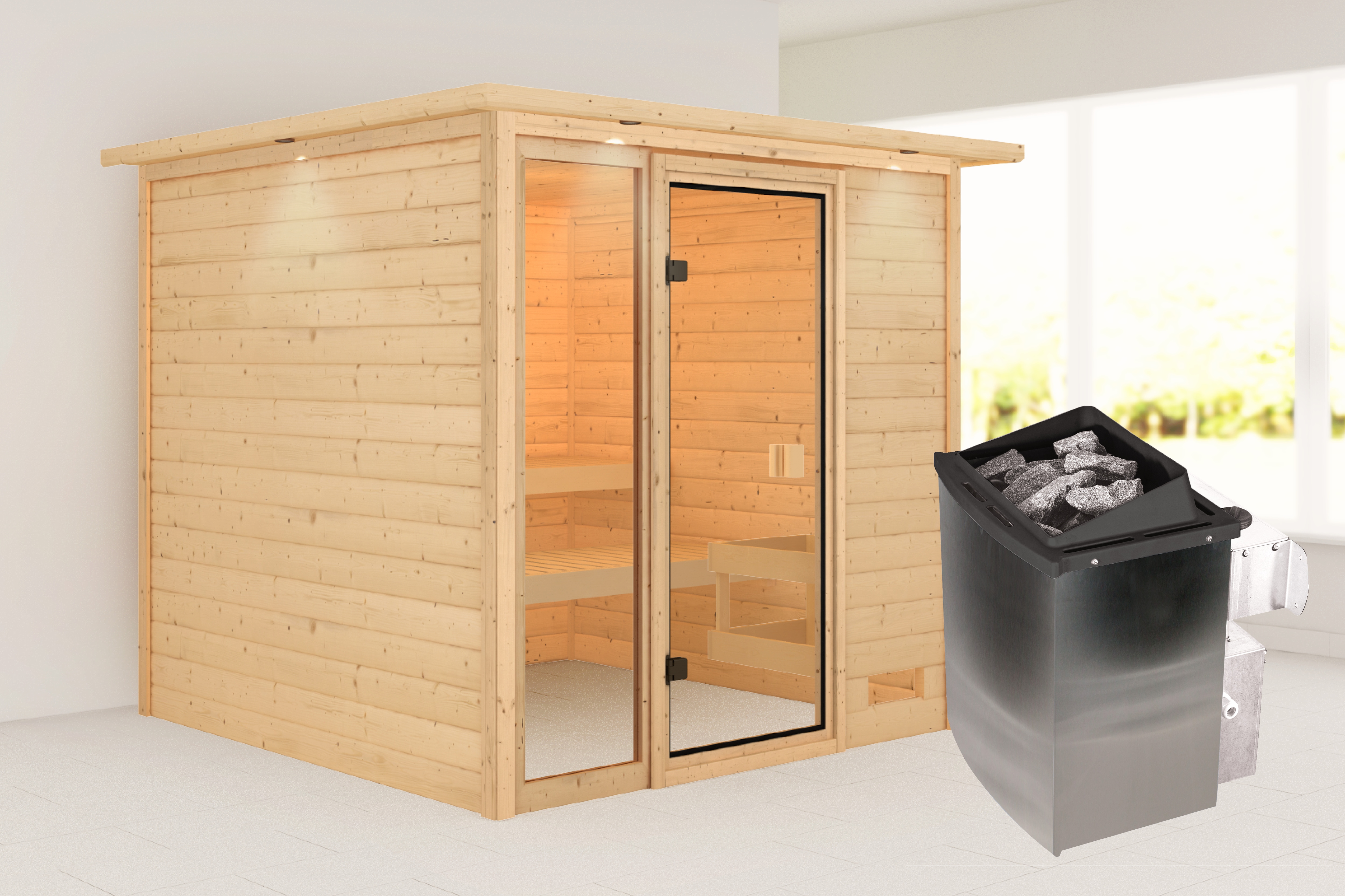 Karibu Sauna ""Jackie" mit bronzierter Tür und Kranz, naturbelassen" aus hochwertiger nordischer Fichte