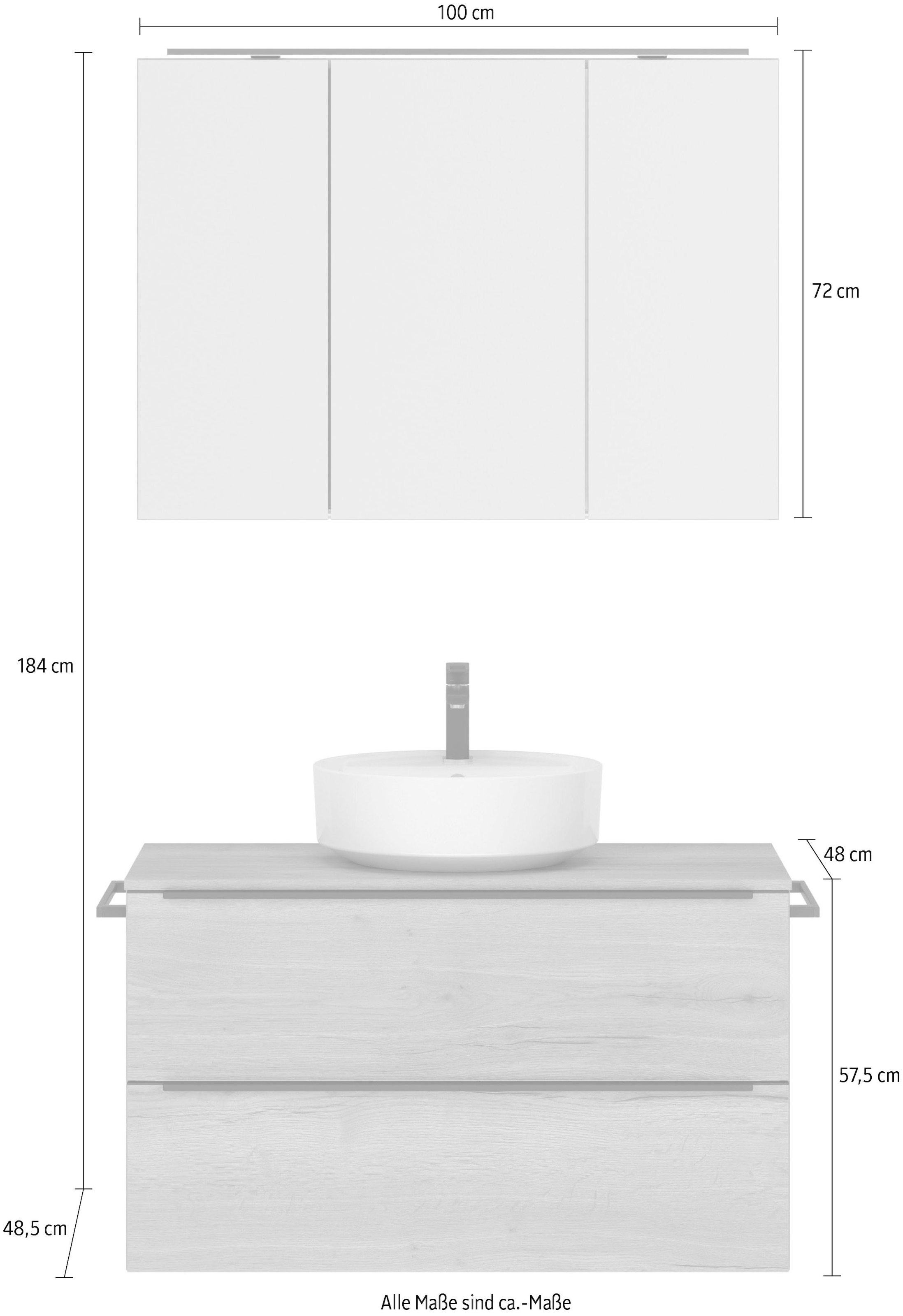 nobilia® Badmöbel-Set »Alvene«, (2 St., vormontiert, mit Soft-Close), inkl. Spiegelschrank mit Beleuchtung und Dimmerfunktion, in 4 Breiten