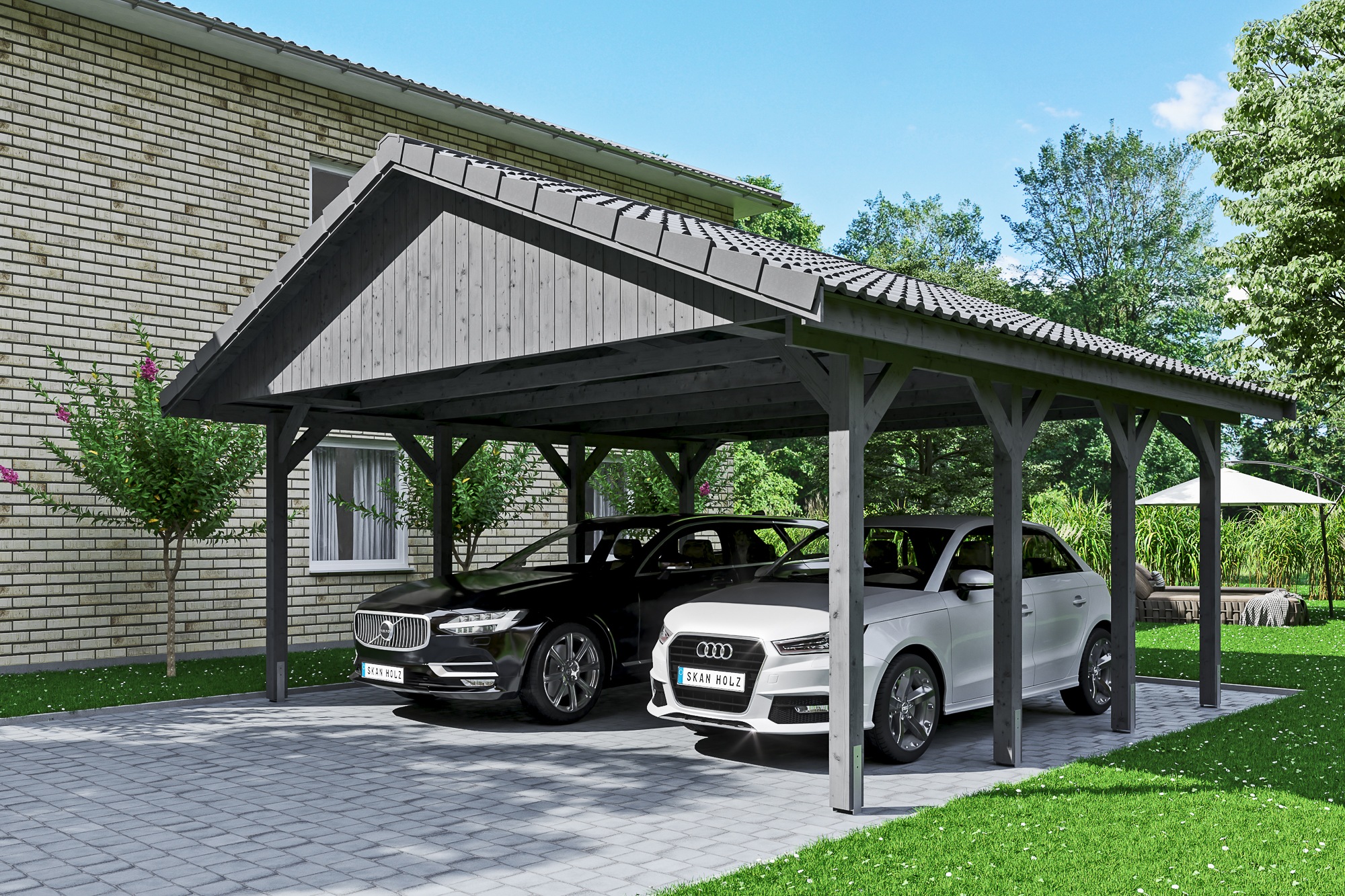 Skanholz Doppelcarport »Wallgau«, Nadelholz, 530 cm, Schiefergrau, mit Dachlattung