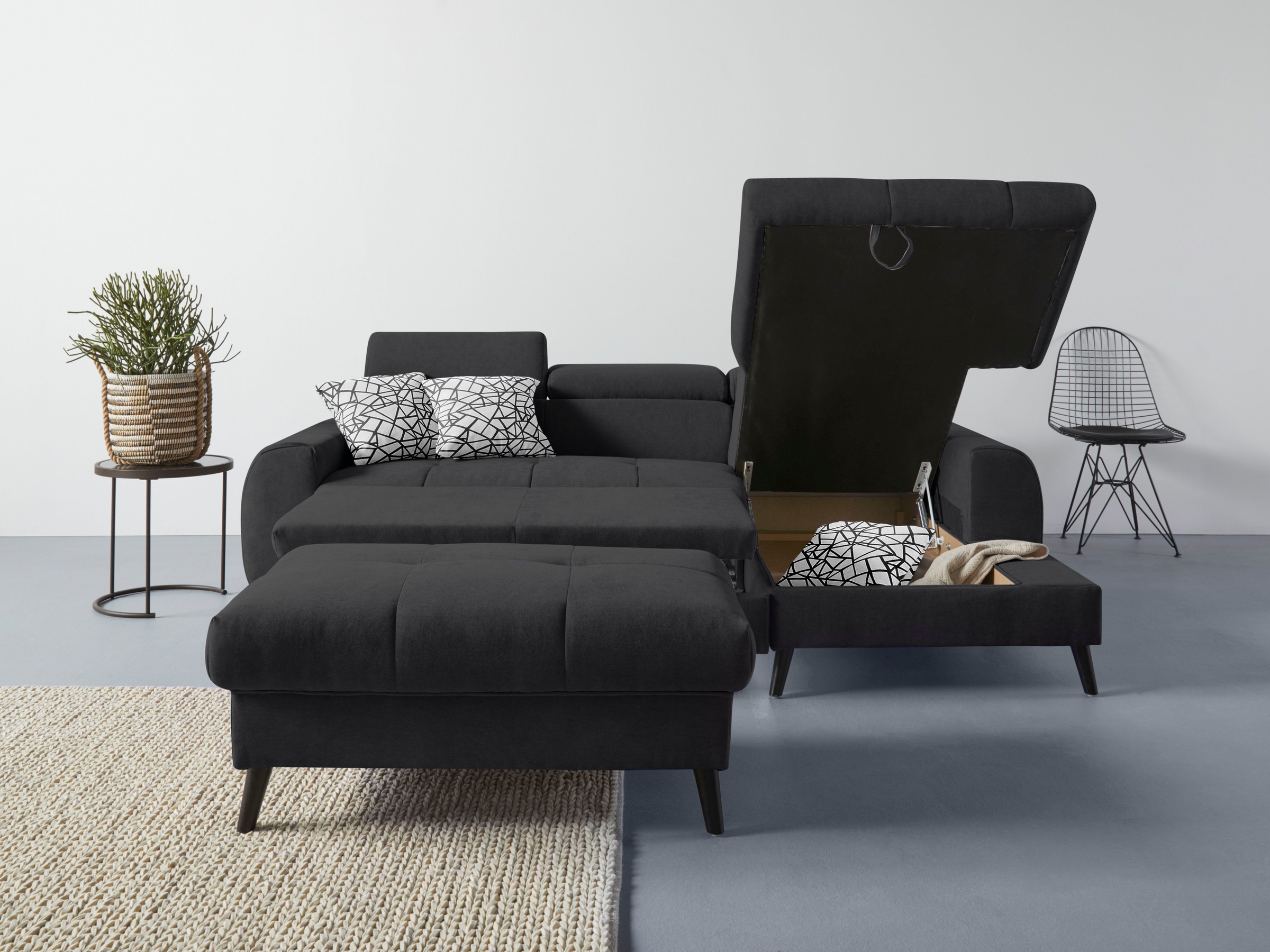COTTA Ecksofa »Mia L-Form mit 3 Zierkissen«, wahlweise mit Bettfunktion, Bettkasten, Beleuchtung & Wireless-Charger