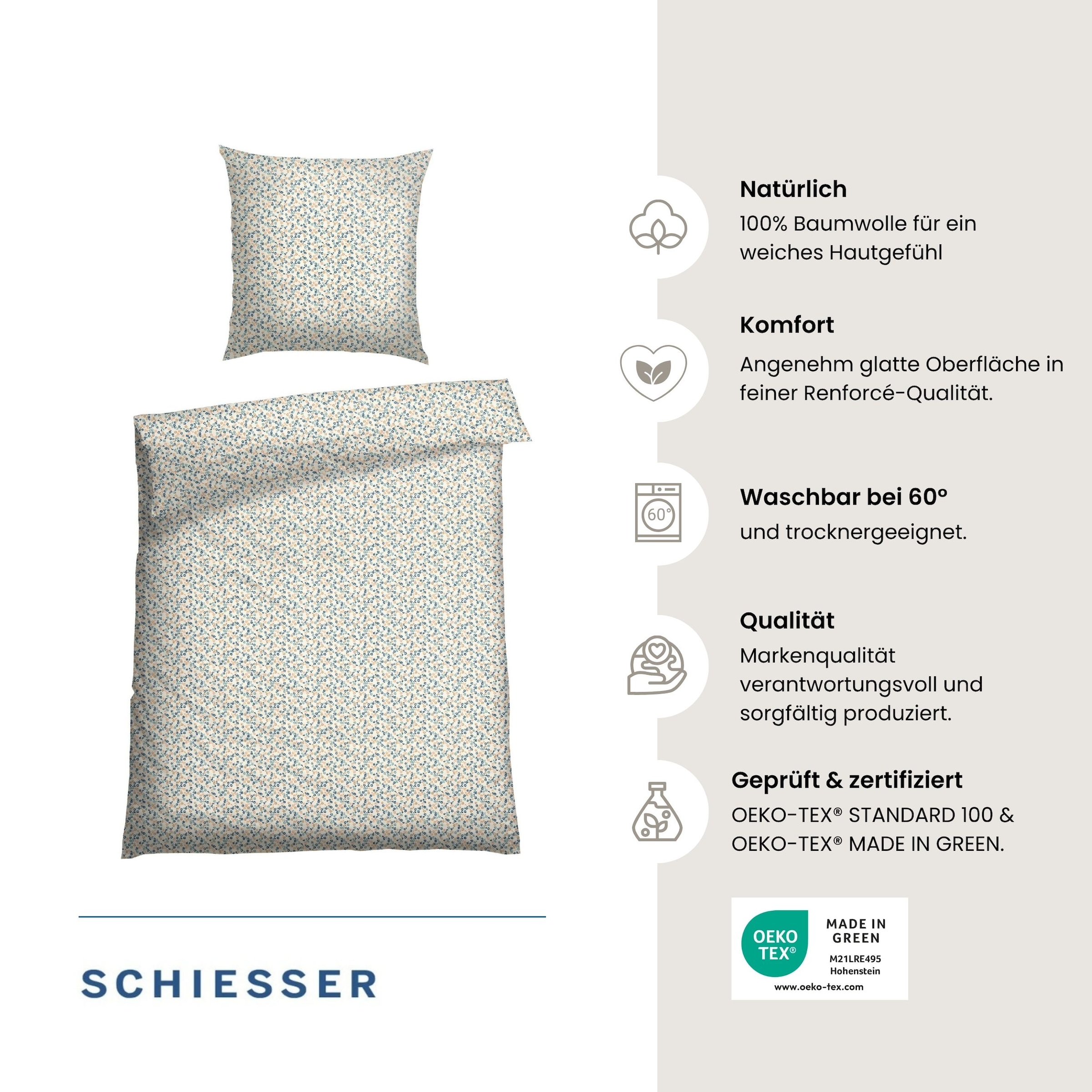 Schiesser Bettwäsche »Ditsy aus weicher Baumwolle mit dezentem Millefleur-Muster« 2 Stk. OEKO-TEX® MADE IN GREEN-zertifiziert