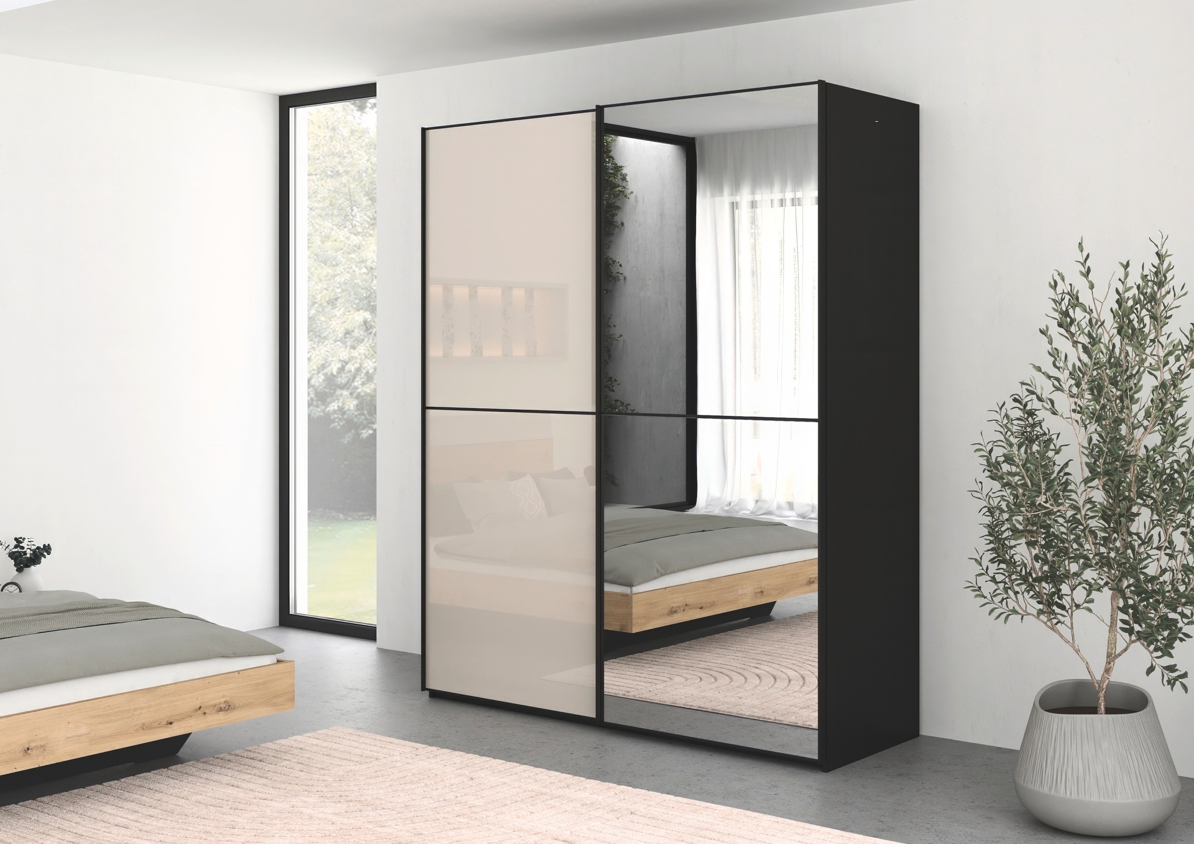 rauch Schwebetürenschrank »Kleiderschrank Schrank Garderobe Schlafzimmerschrank SCALE-DUO«, edle zweigeteilte Türen Spiegel/Glas-Mix 3 Zierleisten MADE IN GERMANY