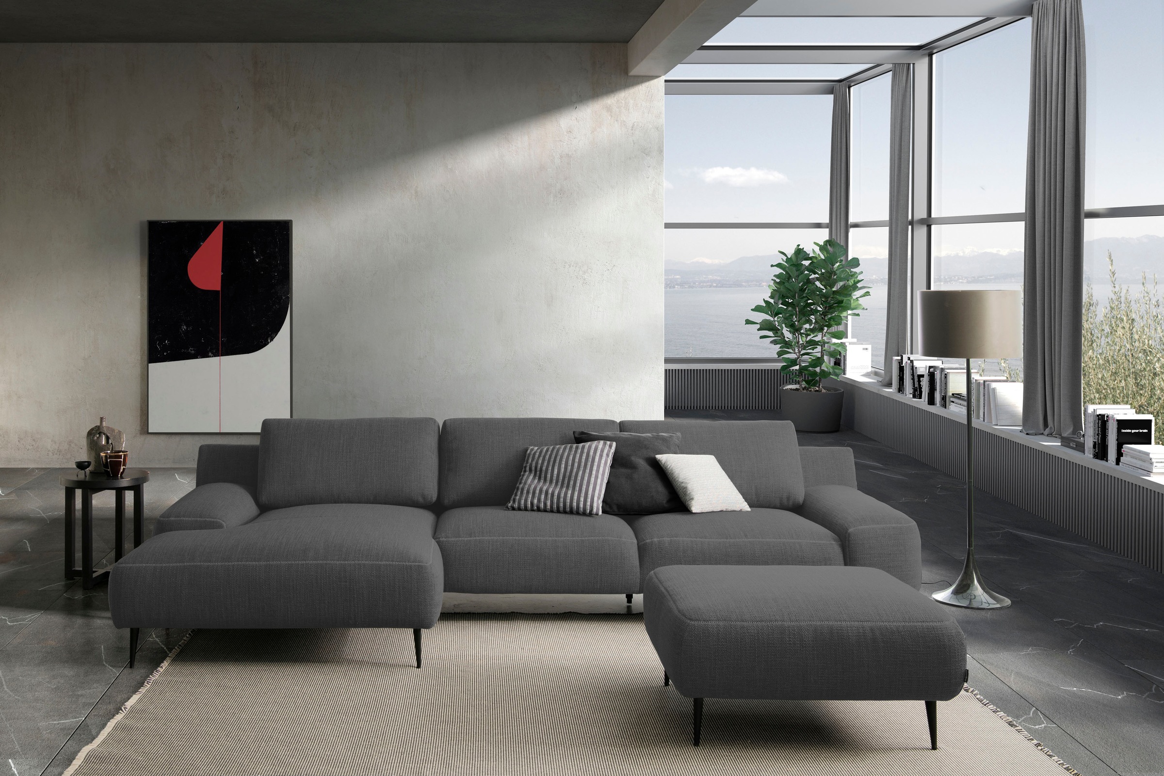 Hocker DESIGNWERK "Forma, zeitloser Desighocker mit aktuellem Fuß", grau (dunkelgrau), B:90cm H:47cm T:70cm, Flachgewebe 100% Polyester;Struktur 98% Polyester, 2% Acryl, Hocker, Polsterhocker, in hochwertiger Verarbeitung & tollem Sitzkomfort 3