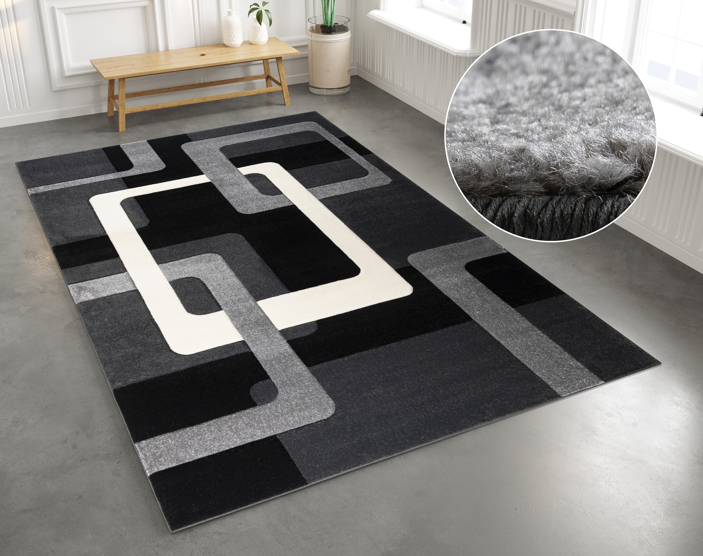 Teppich OTTO HOME "Maxim" Gr. 2, schwarz, B:70cm H:13mm L:140cm, Kunstfaser, Teppiche, Teppich, Hoch-Tief-Effekt, Kurzflor, 3D-Design, Kundenliebling