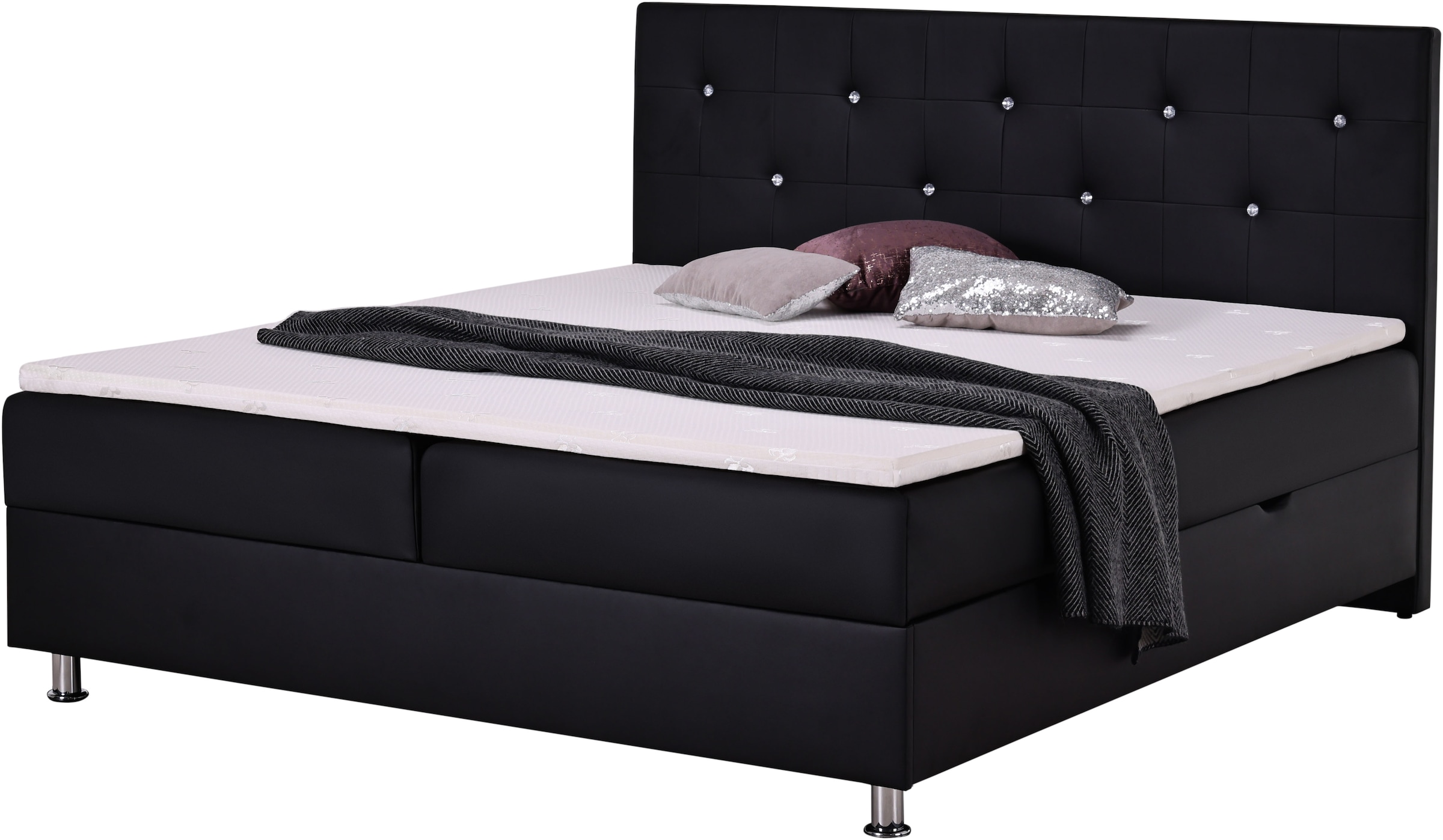 Home affaire Boxbett »Big Noux aus schwarzem Kunstleder mit Kristallsteinen im Kopfteil« inkl. Bettkasten, erhältlich in der Größe 180x200cm