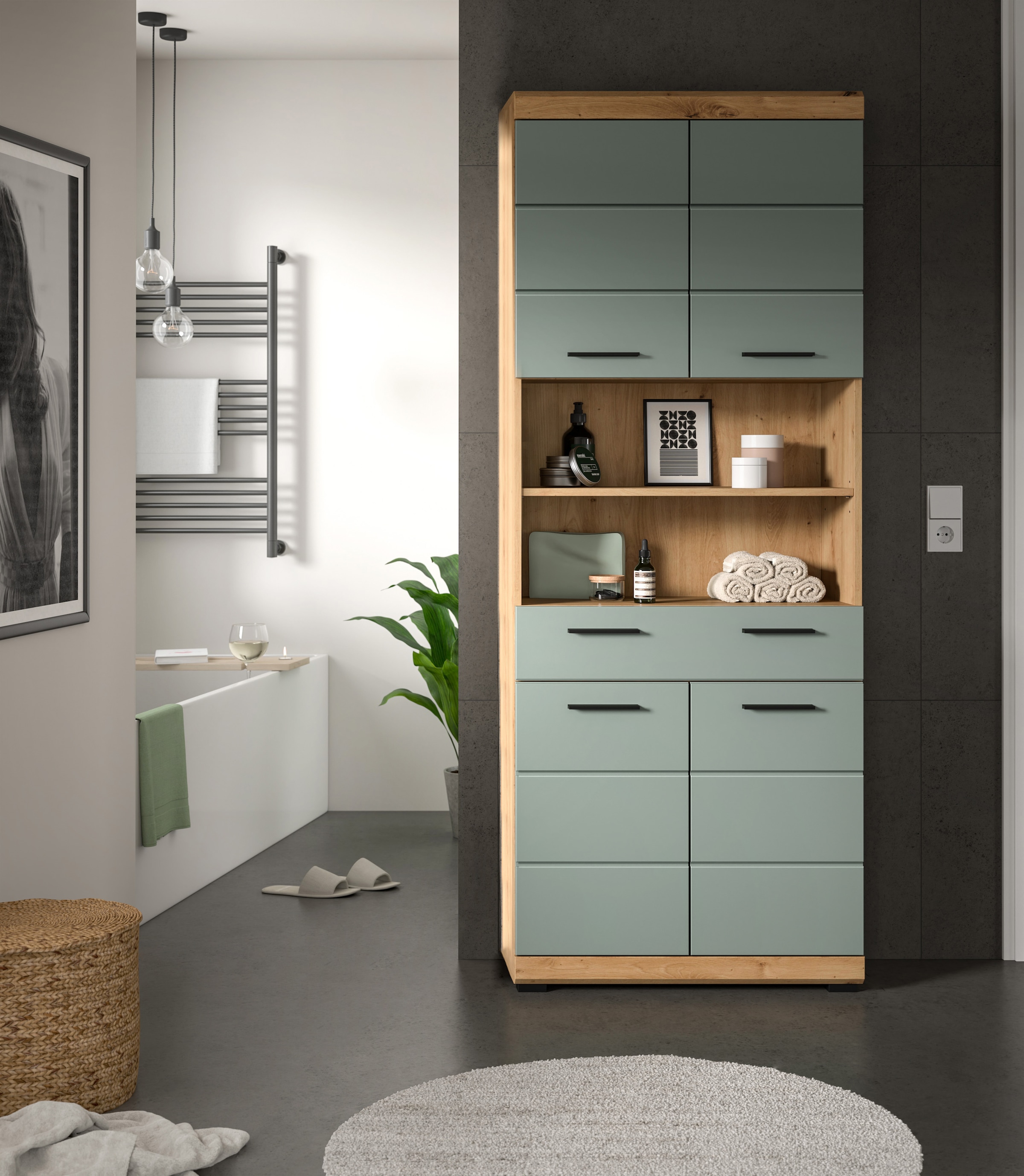 INOSIGN Hochschrank »Siena, Breite 74cm, 4 Türen, 1 Schubkasten, 2 offene Fächer, MDF-Front«, in verschiedenen Farben erhältlich, Badmöbel, Badschrank, Schrank, Bad