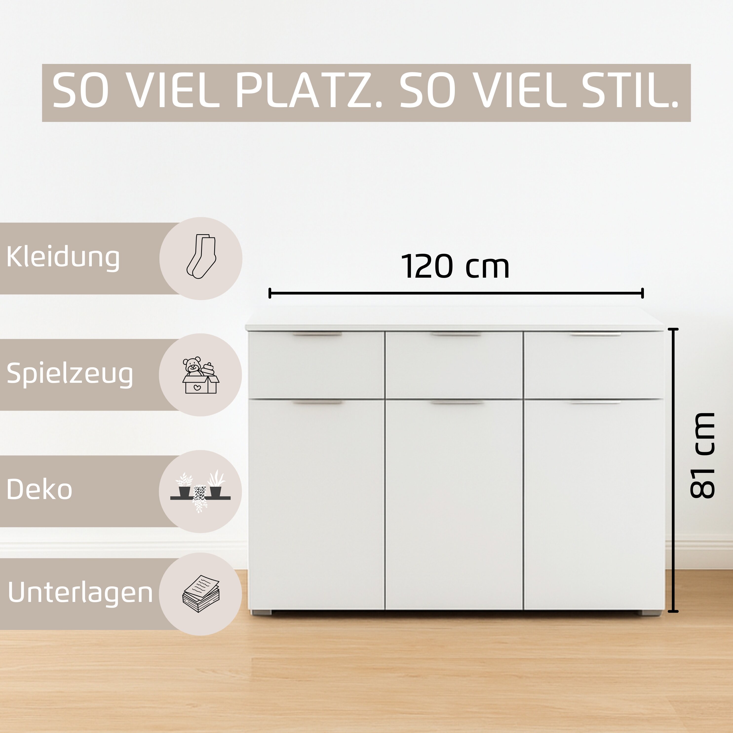 Thumbnail - rauch Kombikommode "Sideboard Schubladenkommode CORTONA mit Dekor-Front" Breite 120 cm inkl. Soft-Close-Funktion, mit 3 ...