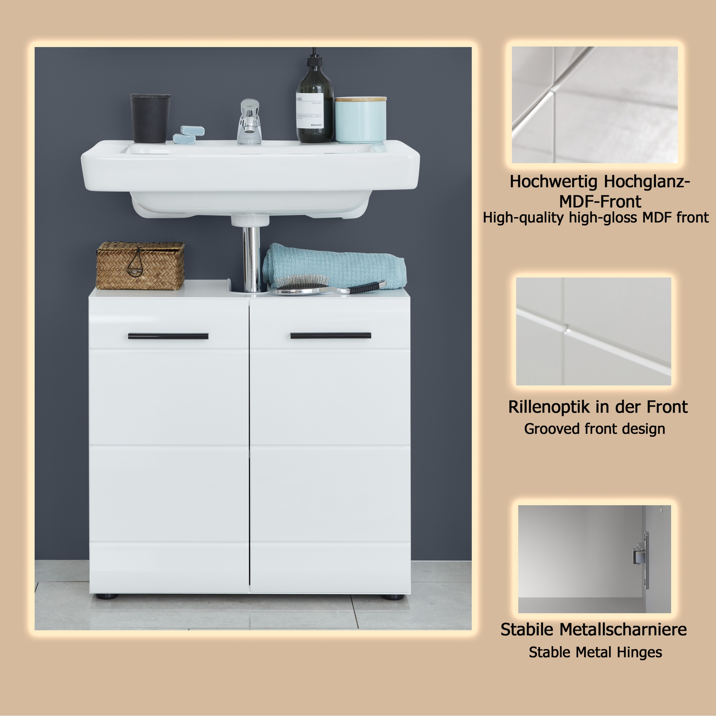 welltime Waschbeckenunterschrank »Sovana«, Waschtisch mit verstellbarem Fach - Maße (B/T/H) 60/31/56 cm