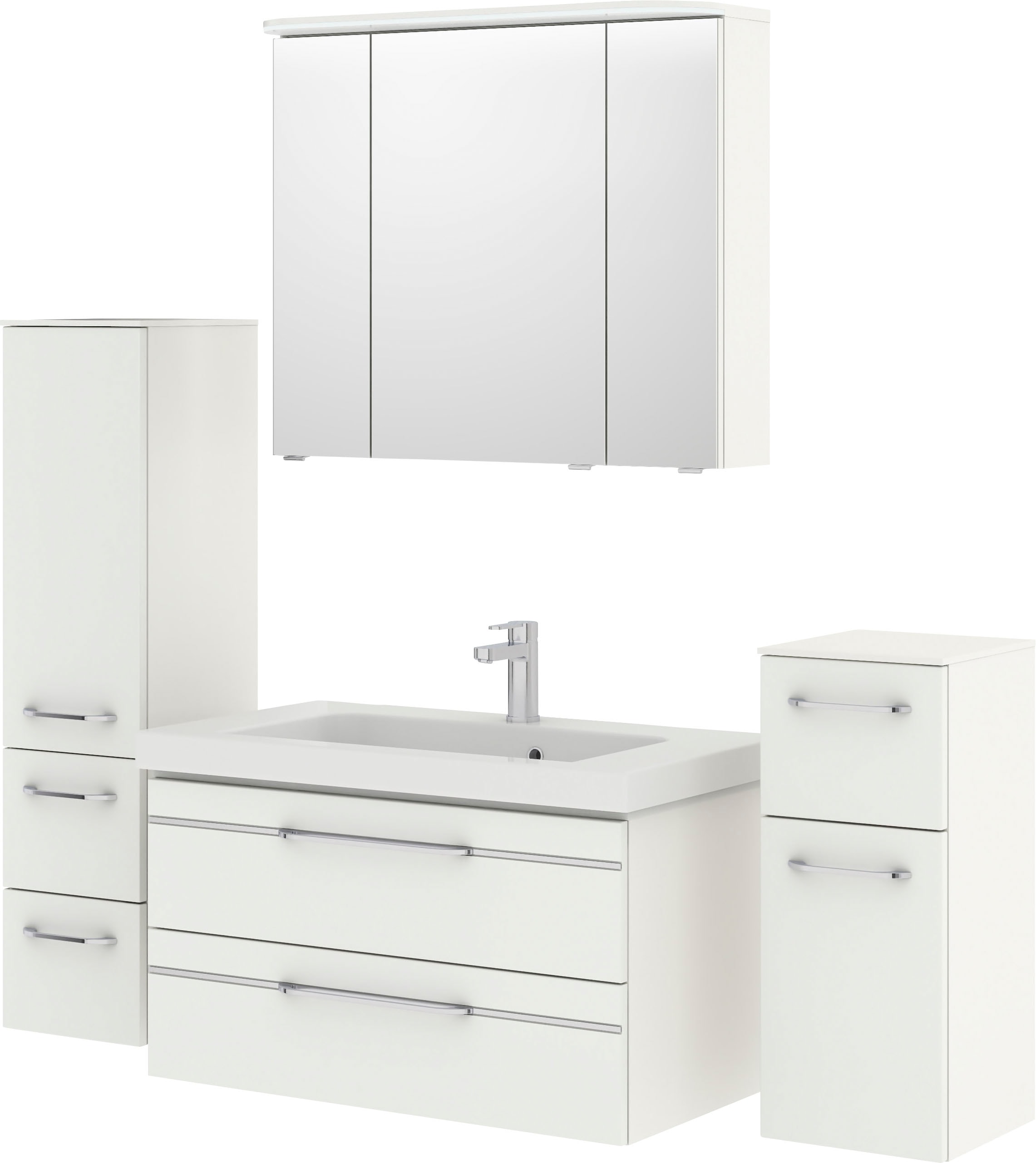 Saphir Badmöbel-Set »Balto Sprint 4-teilig, Mineralmarmor-Waschtisch mit LED-Spiegelschrank«, (5 St.), Midischrank und Unterschrank, inkl Türdämpfer, 5 Türen, 5 Schubladen