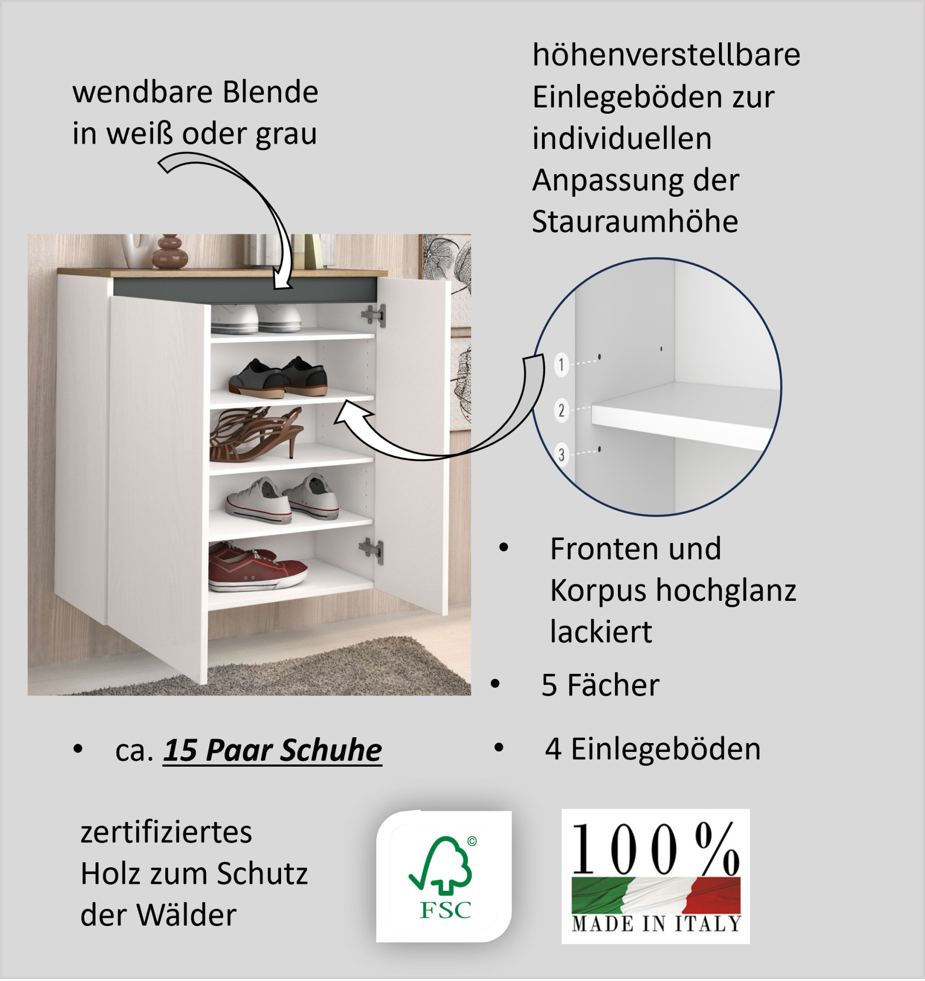 INOSIGN Schuhschrank »Zippo, Schuhkommode,Schuhregal,Made in Italy,hängend«, (1 St.), Front/Korpus hochglanz lackiert B/T: 80x35 cm,5 Fächer,15 paar Schuhe