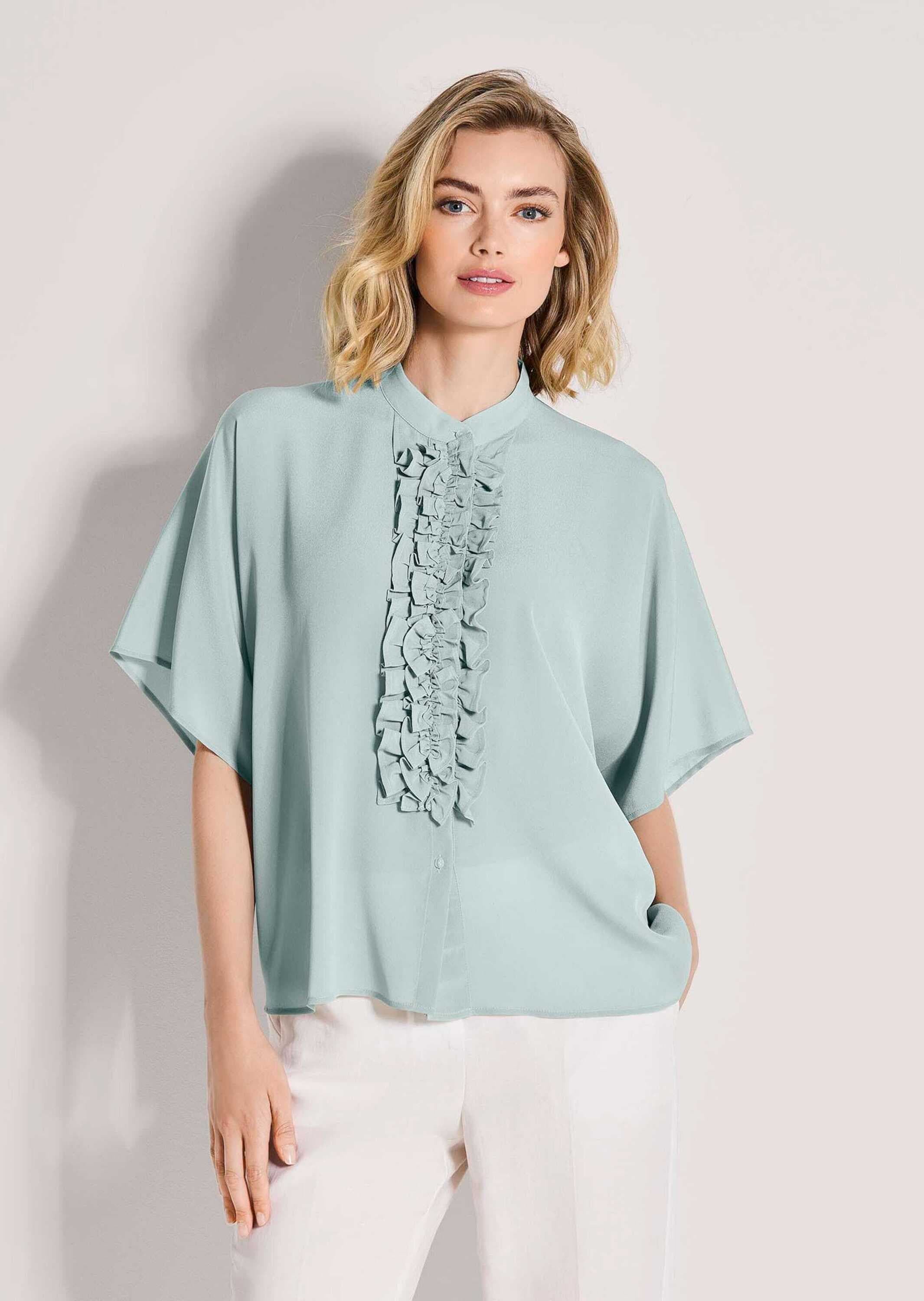 MADELEINE Kurzarmbluse »Blusenshirt Elegante Seidenbluse mit Rüschen« Bluse Durchgeknöpft und mit Rüschendetails