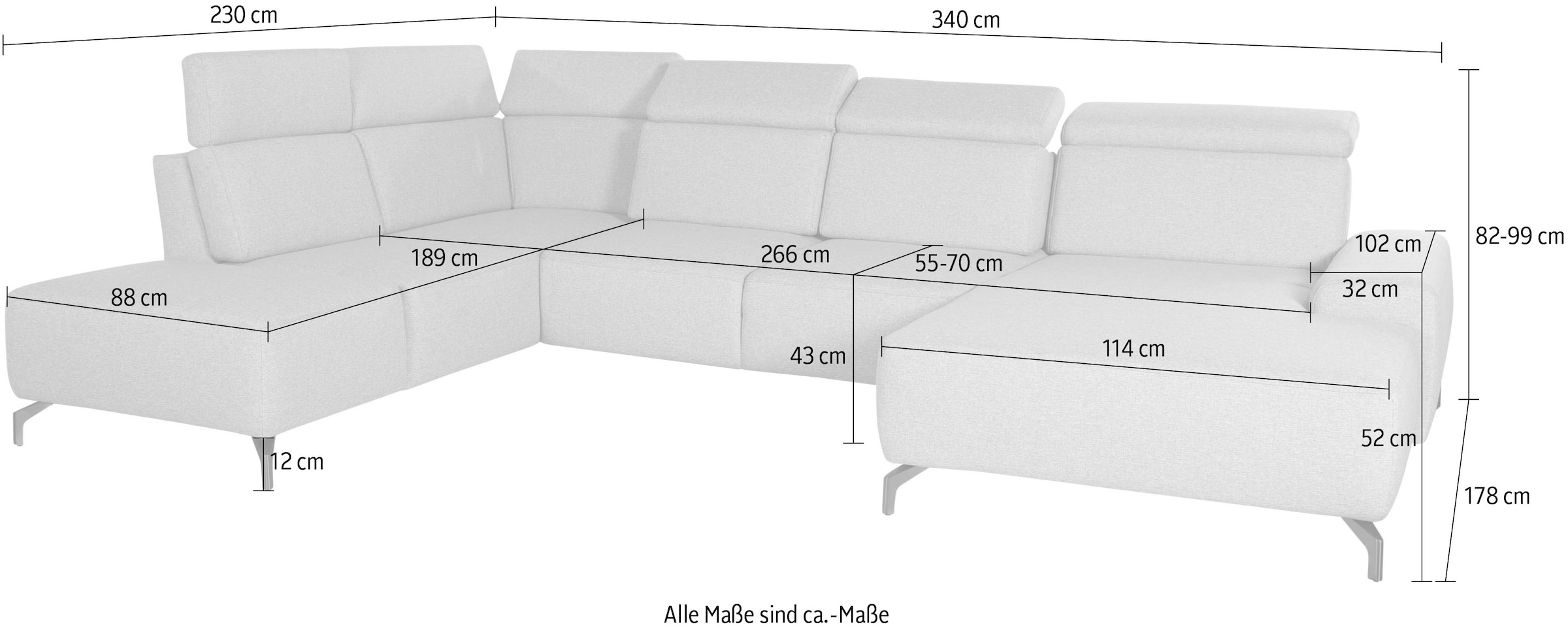 sit&more Wohnlandschaft »Gizeh U-Form«, 12 cm Fußhöhe, inklusive Sitztiefenverstellung und Kopfteilverstellung
