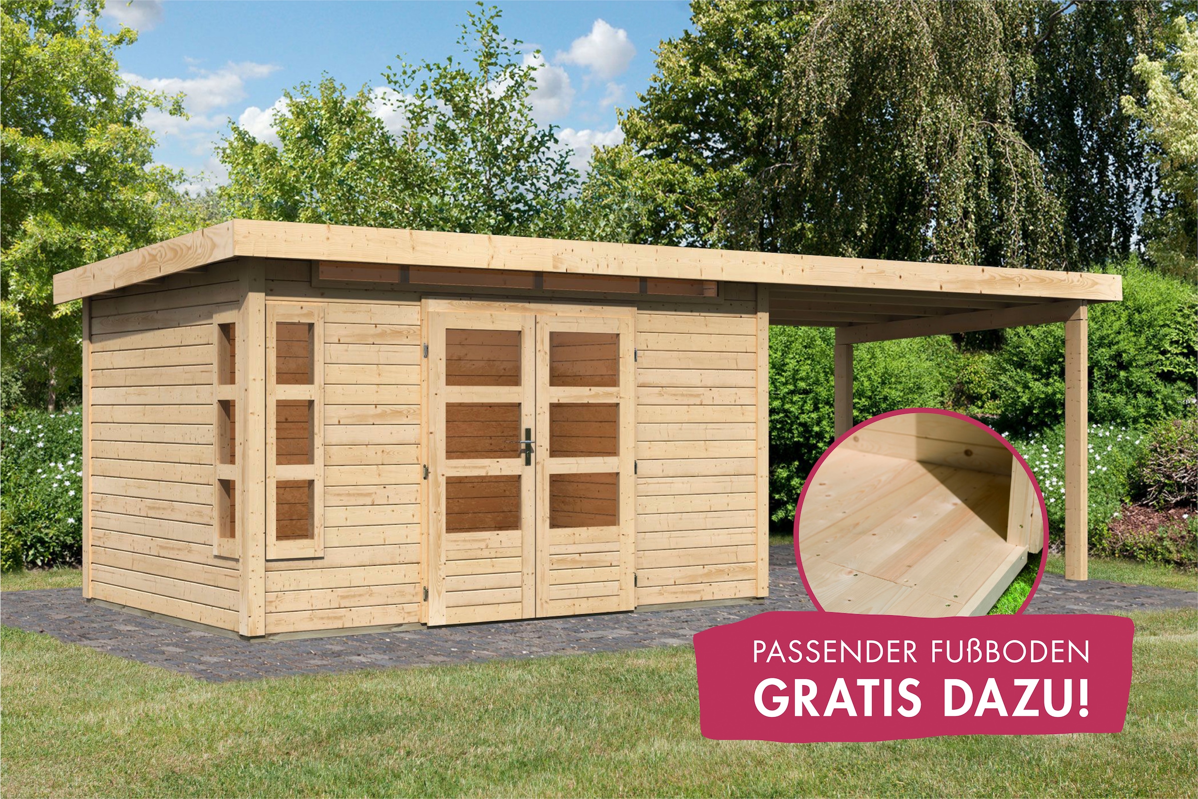 Karibu Gartenhaus »Kolimasee 7«, (Set), mit Anbaudach 3,2 m, naturbelassen