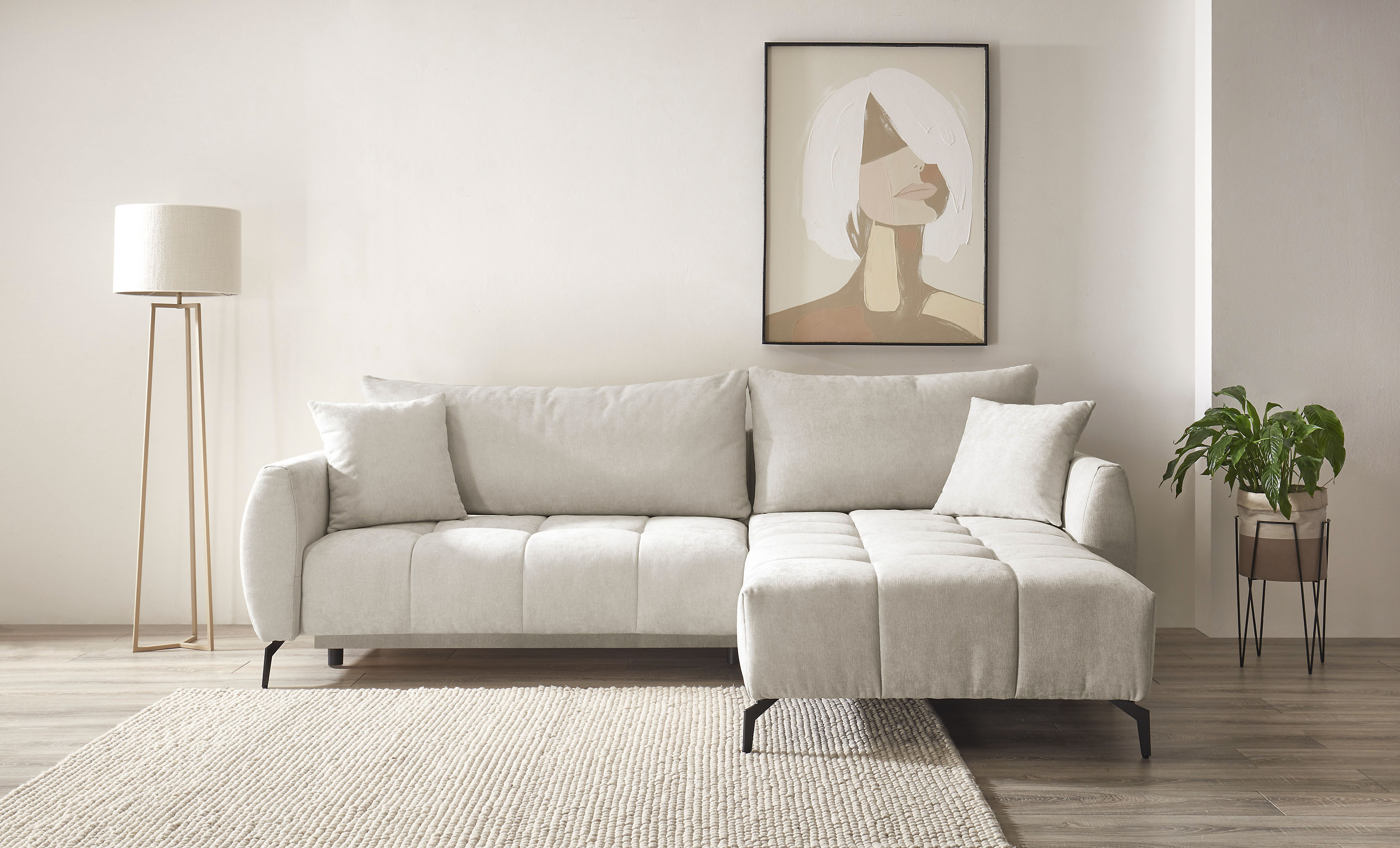 OTTO home Ecksofa "JINNIE Chenille, L-Form, Polsterecke m. Schlaffunktion" Recamiere links/rechts montierbar, als Webstoff oder Chenille-Stoff