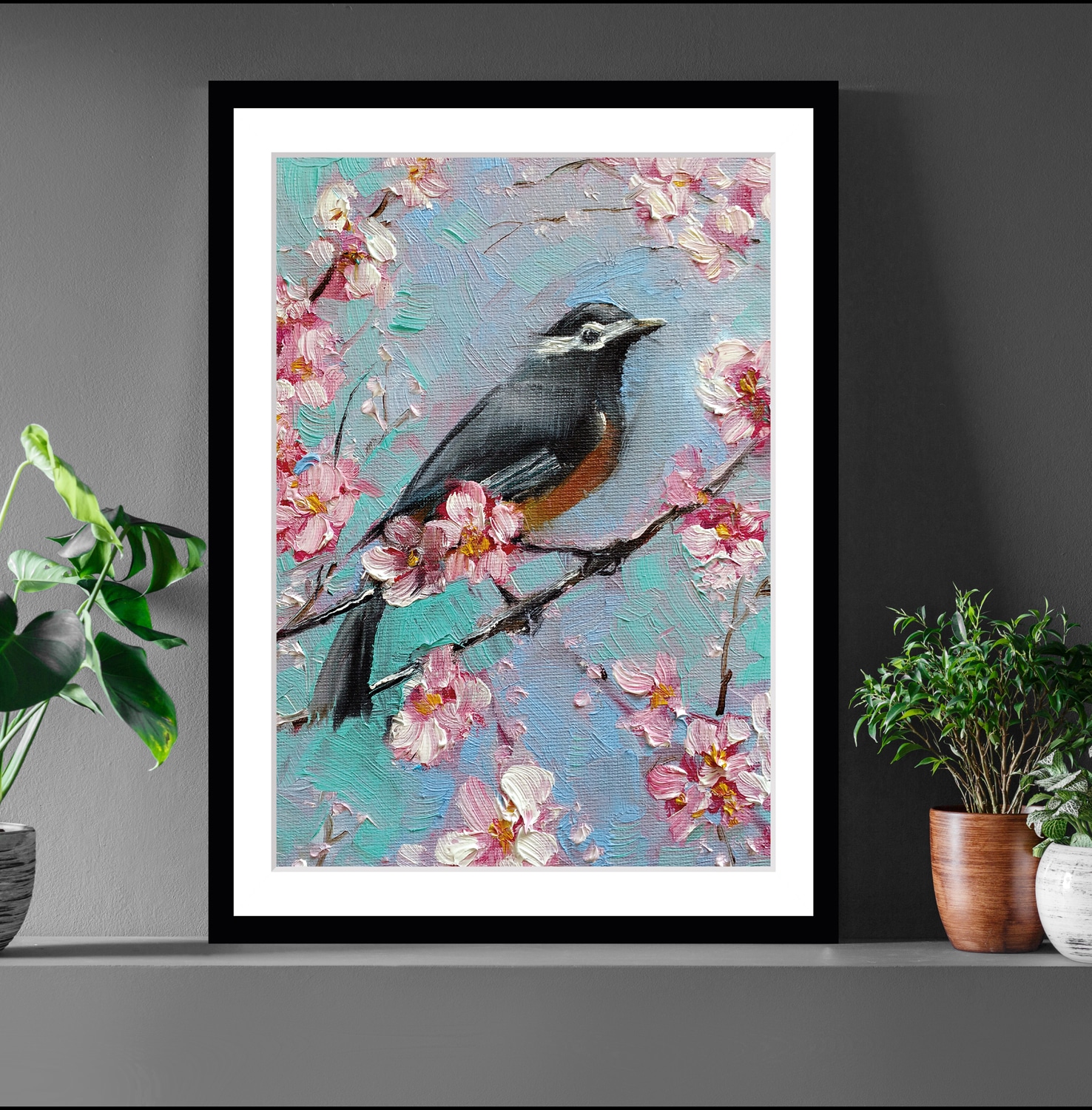 queence Bild "Mona" Blumenbilder Gemälde Kunst Vogelbilder Vögel gerahmt