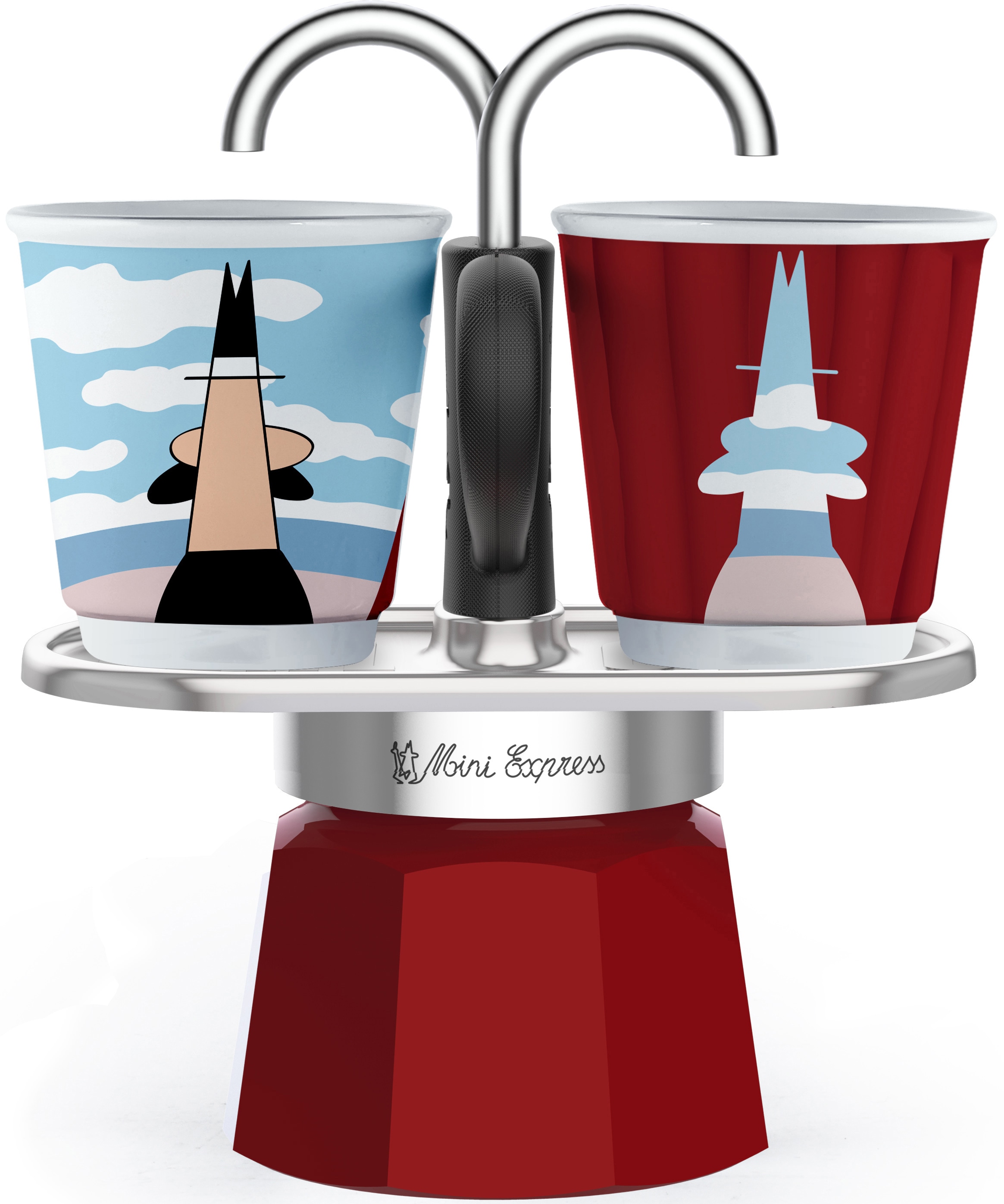 BIALETTI Espressokocher "Mini Express Magritte", 0,09 l Kaffeekanne, (1 Espressokocher + 2 Espressobecher, 90 ml)