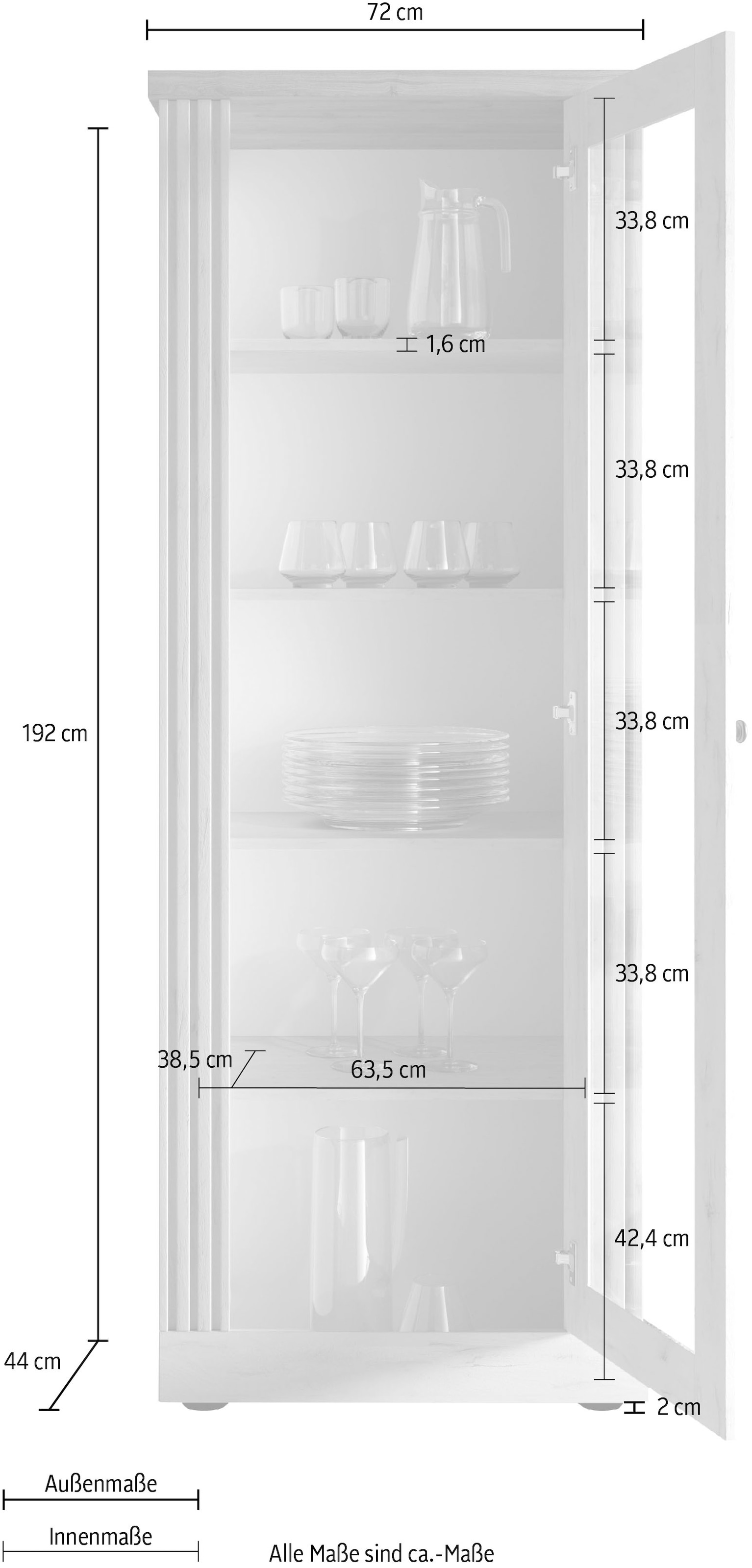 Home affaire Vitrine »Country Höhe 192 cm, Hochschrank mit 1 Tür, Anrichte, Standvitrine«, im Landhausstil, viel Strauraum, mit Metallgriff, MDF Rahmen