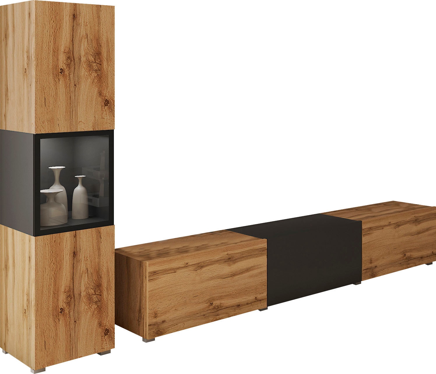 INOSIGN Wohnwand "BERLIN I", (Komplett-Set, 2 St.), moderne grifflose Mediawand Breite 220 cm, Vitrine mit Verglasung