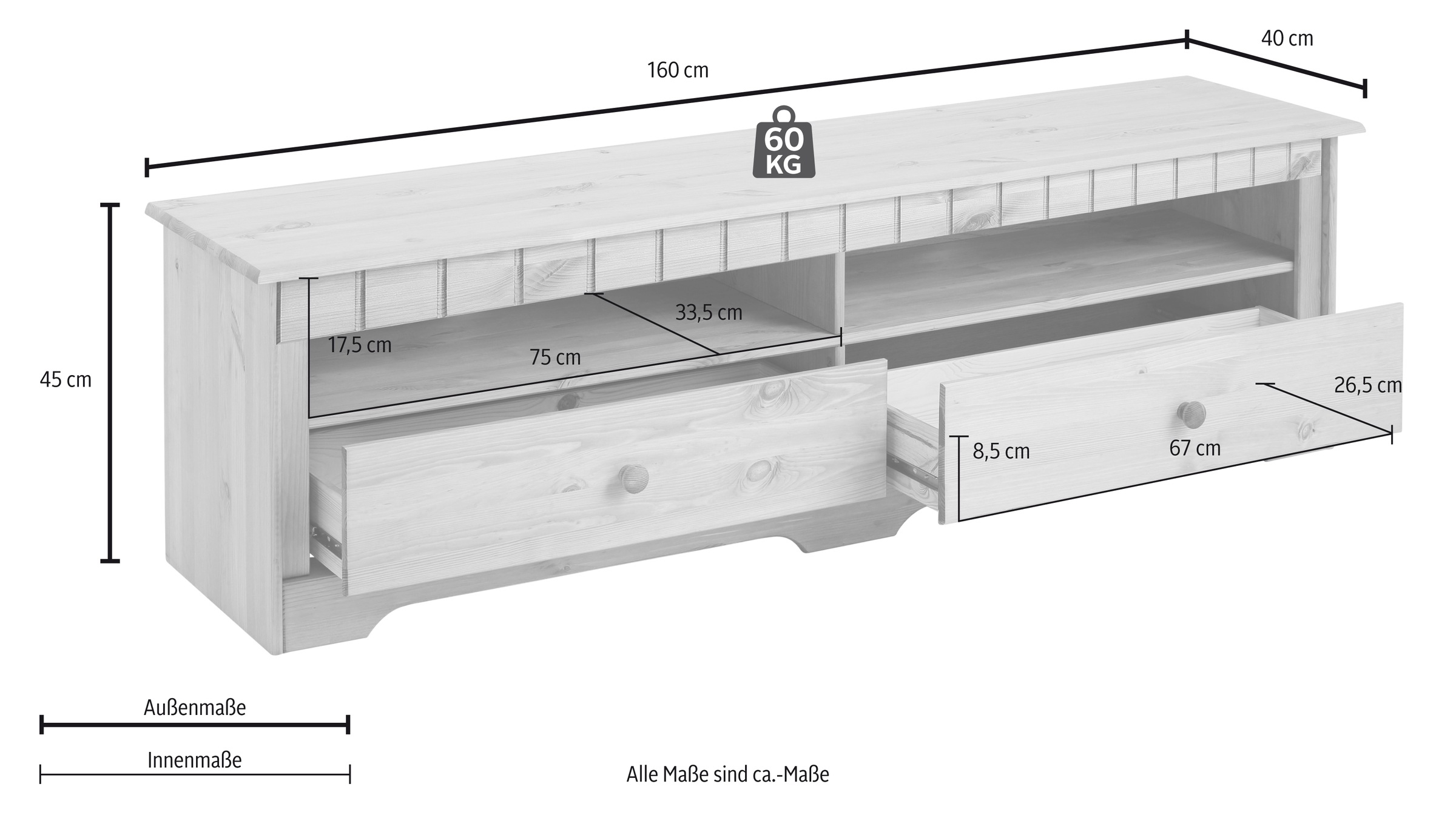 Home affaire Lowboard »Poehl«, Breite 160 cm, aus massiver Kiefer bestellen  | BAUR