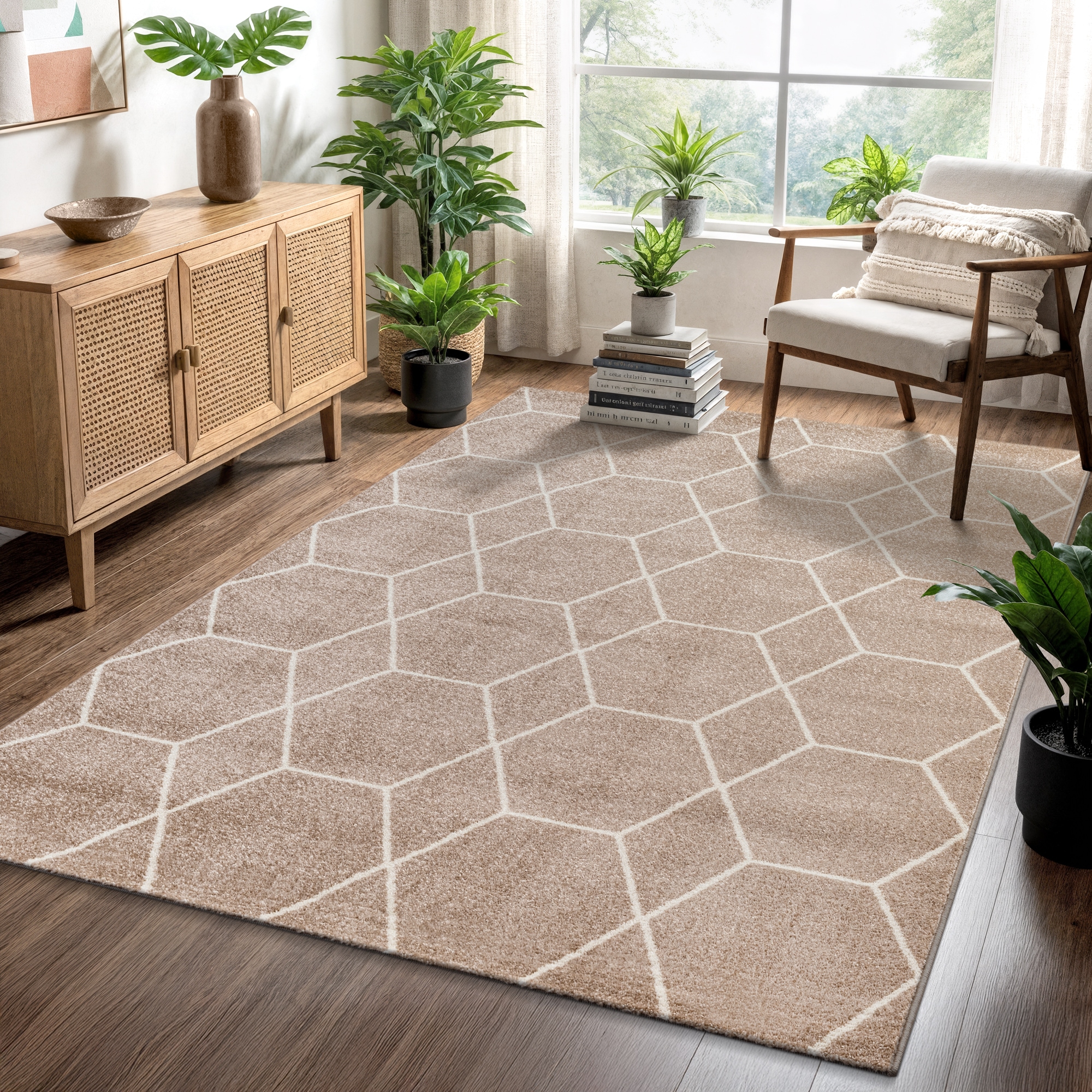 Teppich SANAT "Trellis", beige, B:80cm H:10mm L:150cm, Kunstfaser, Teppiche, Teppich, Kurzflor, skandi, boho, auch als Läufer und in rund