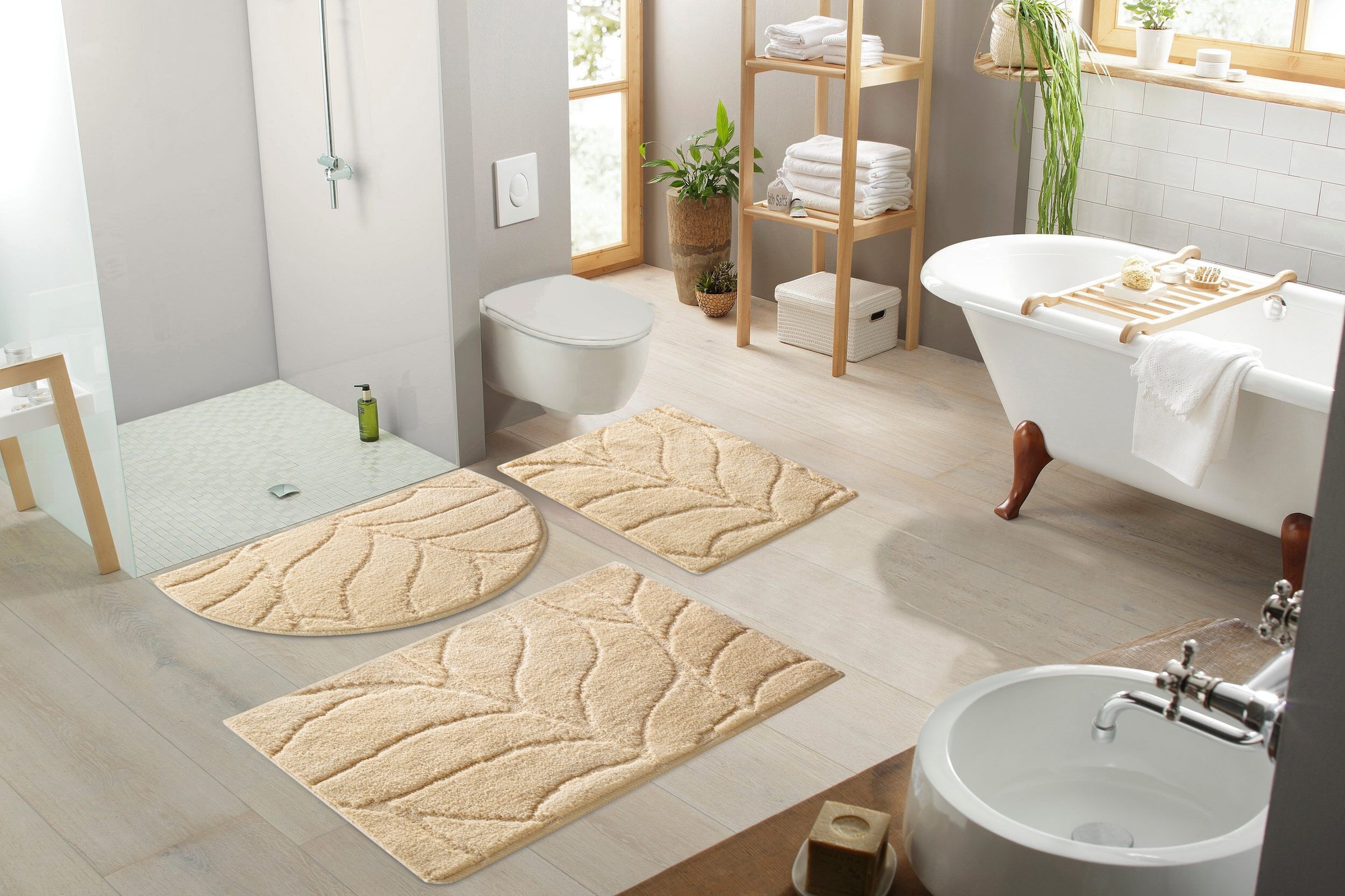 my home Badematte »Epense, Badvorleger, Badezimmer Teppich, Duschvorleger«, fußbodenheizungsgeeignet-schnell trocknend, Badteppich, Uni Farben, Blätter, Hoch-Tief Effekt