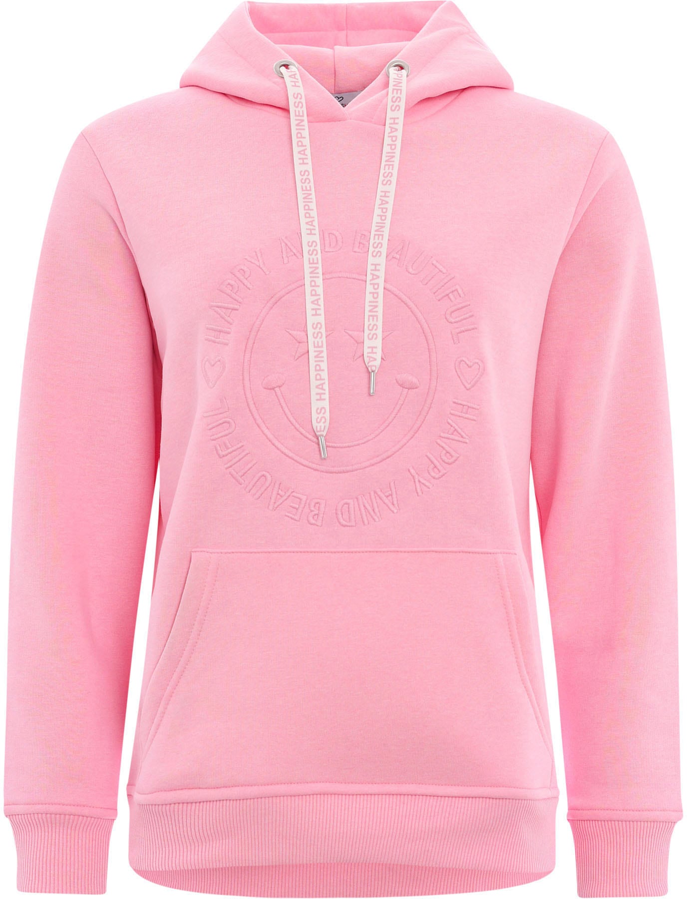 Zwillingsherz Hoodie "Happy and Beautiful", mit gleichfarbiger Smiley-Stickerei und Bindebänder mit Schriftzug