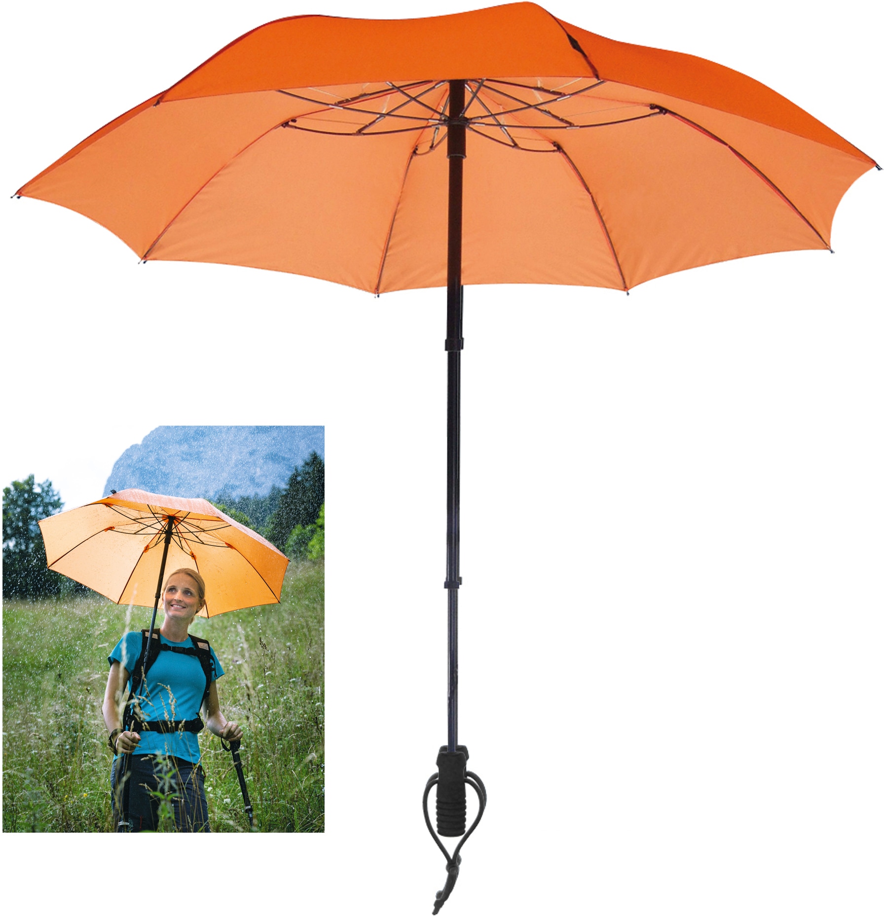 EuroSCHIRM Taschenregenschirm "teleScope handsfree, orange", zweifach ausziehbarer Schaft, handfrei tragbar