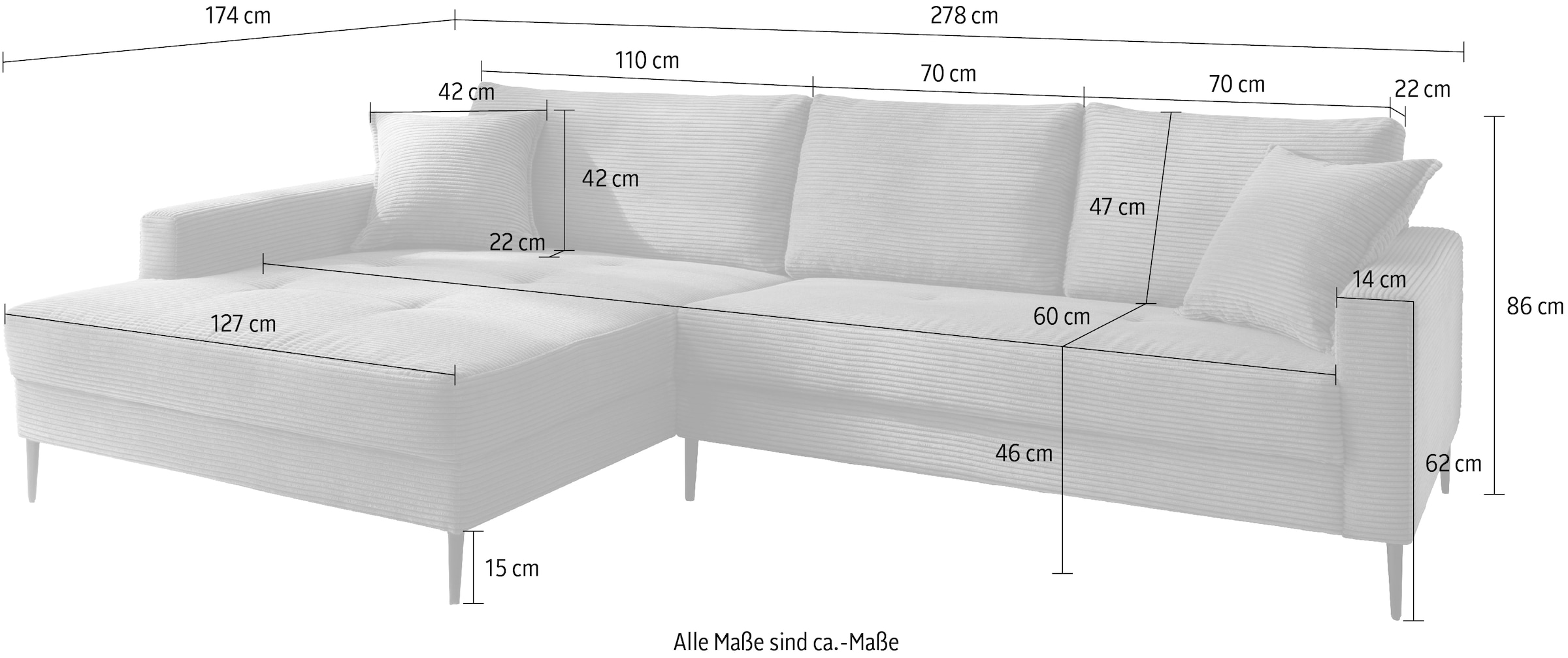 Trends by HG Ecksofa »Summer L-Form«, in Cord-Stoff mit Metallfuß