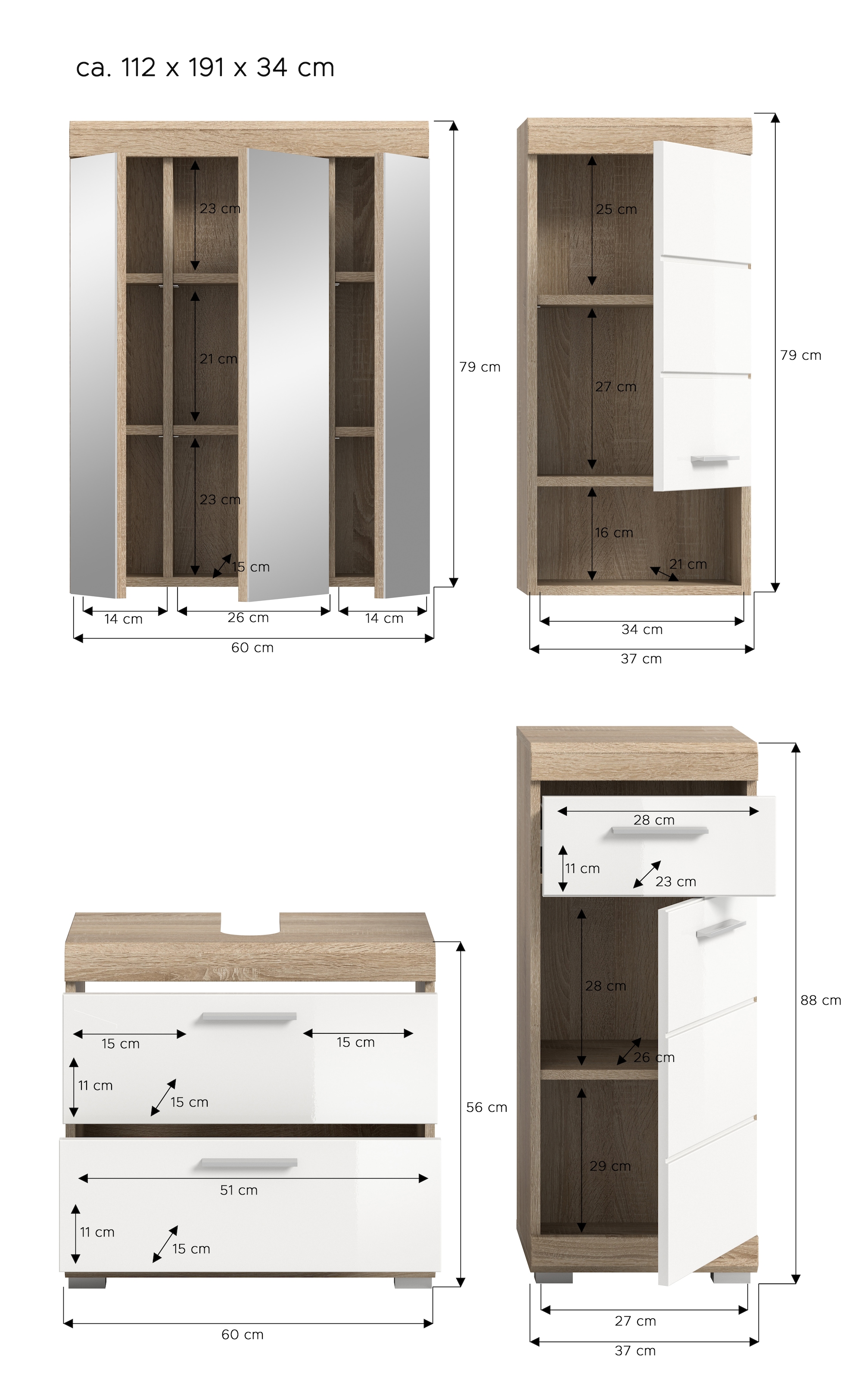 INOSIGN Badmöbel-Set »Siena, 4 teilig, bestehend aus:«, (Set), Waschbeckenunterschrank, Spiegelschrank, Unterschrank, Hängeschrank