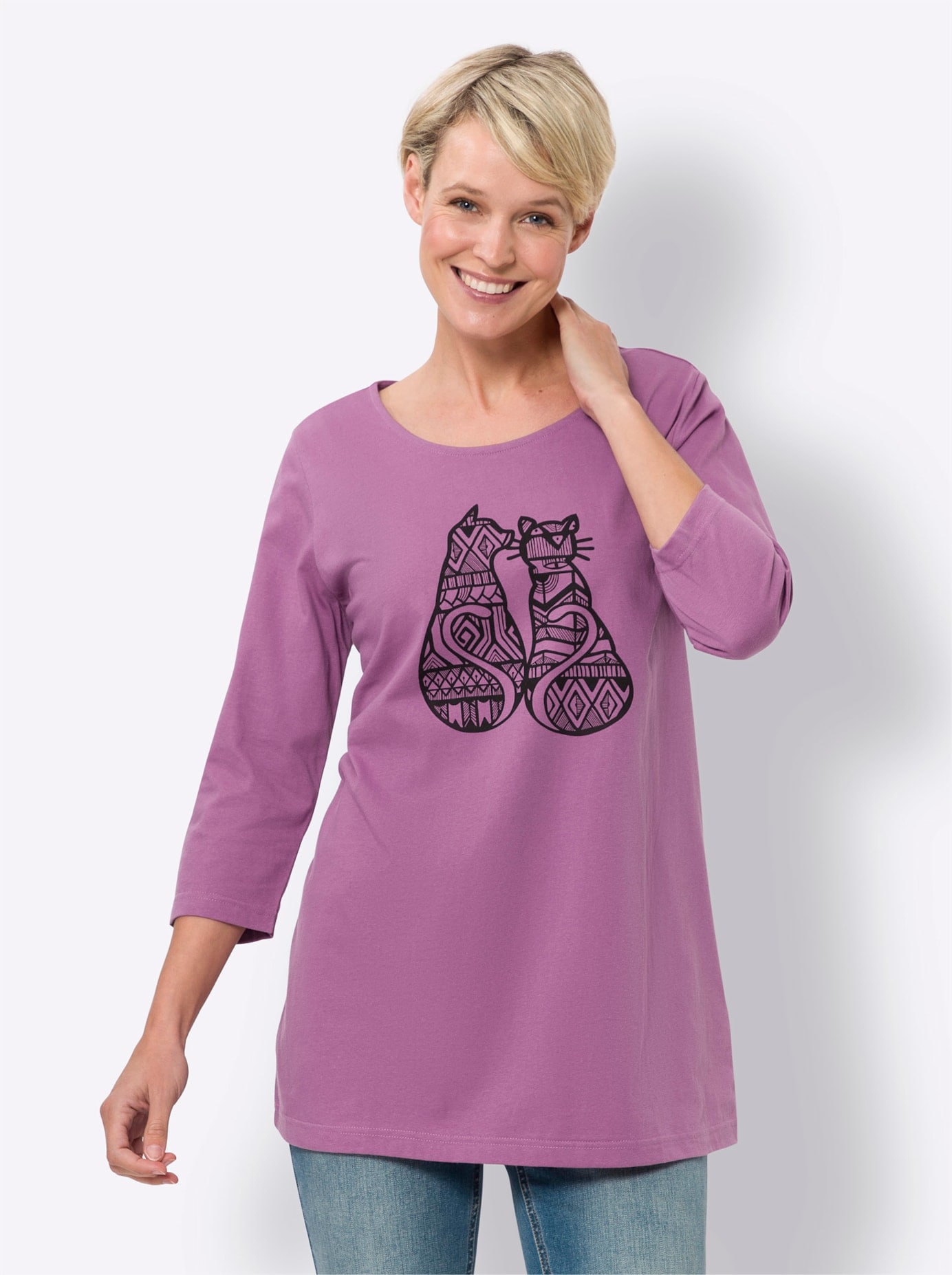 Longshirt CLASSIC BASICS "Longshirt", Damen, Gr. 50, lila (violett, schwarz), 100% Baumwolle, bedruckt, gemustert, Rundhals, Shirts Longshirt