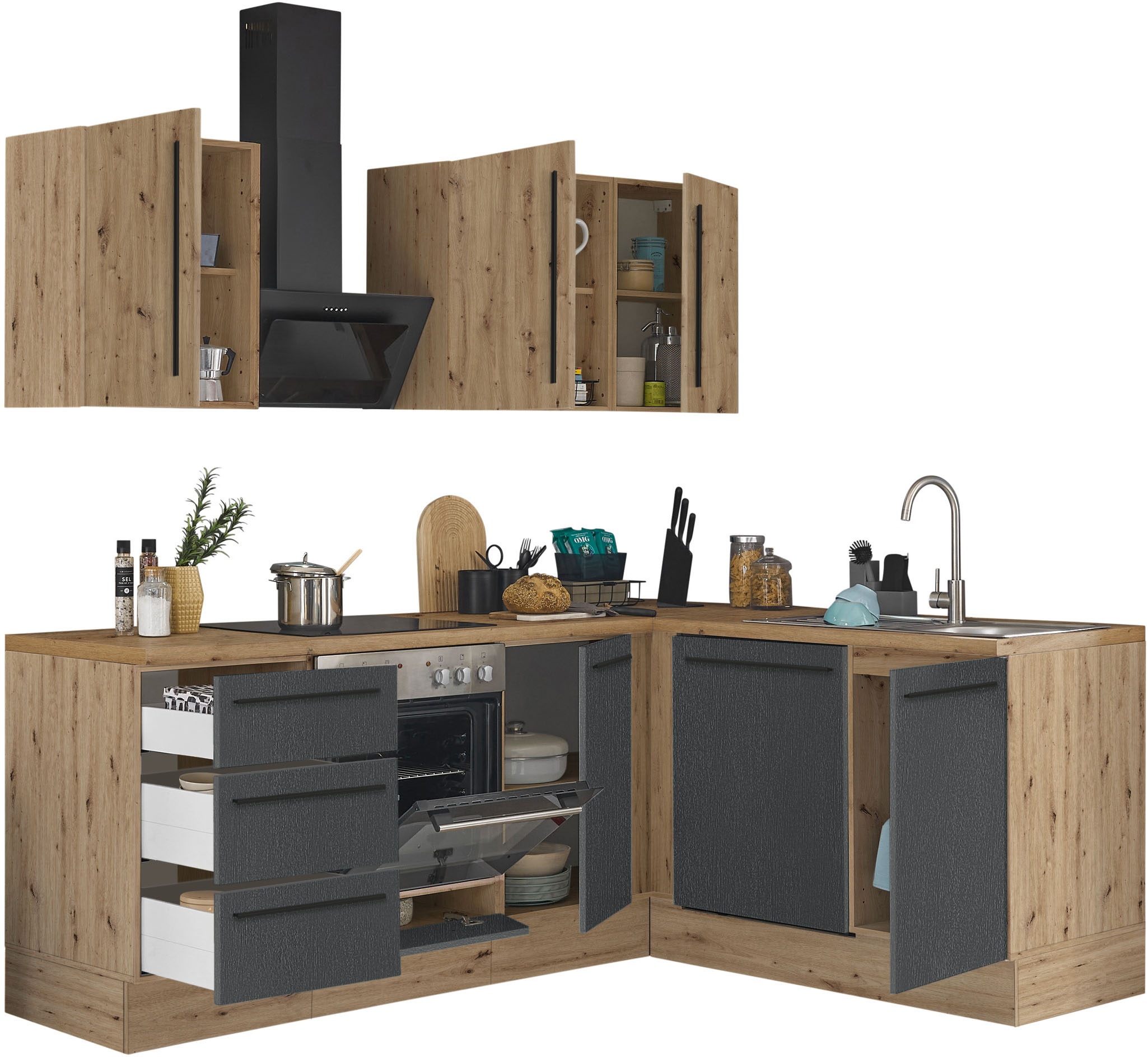 KOCHSTATION Winkelküche »Florida, Stellbreite 220x175 cm«, wahlweise mit E-Geräten, mit Softclose für Türen und Schubkästen