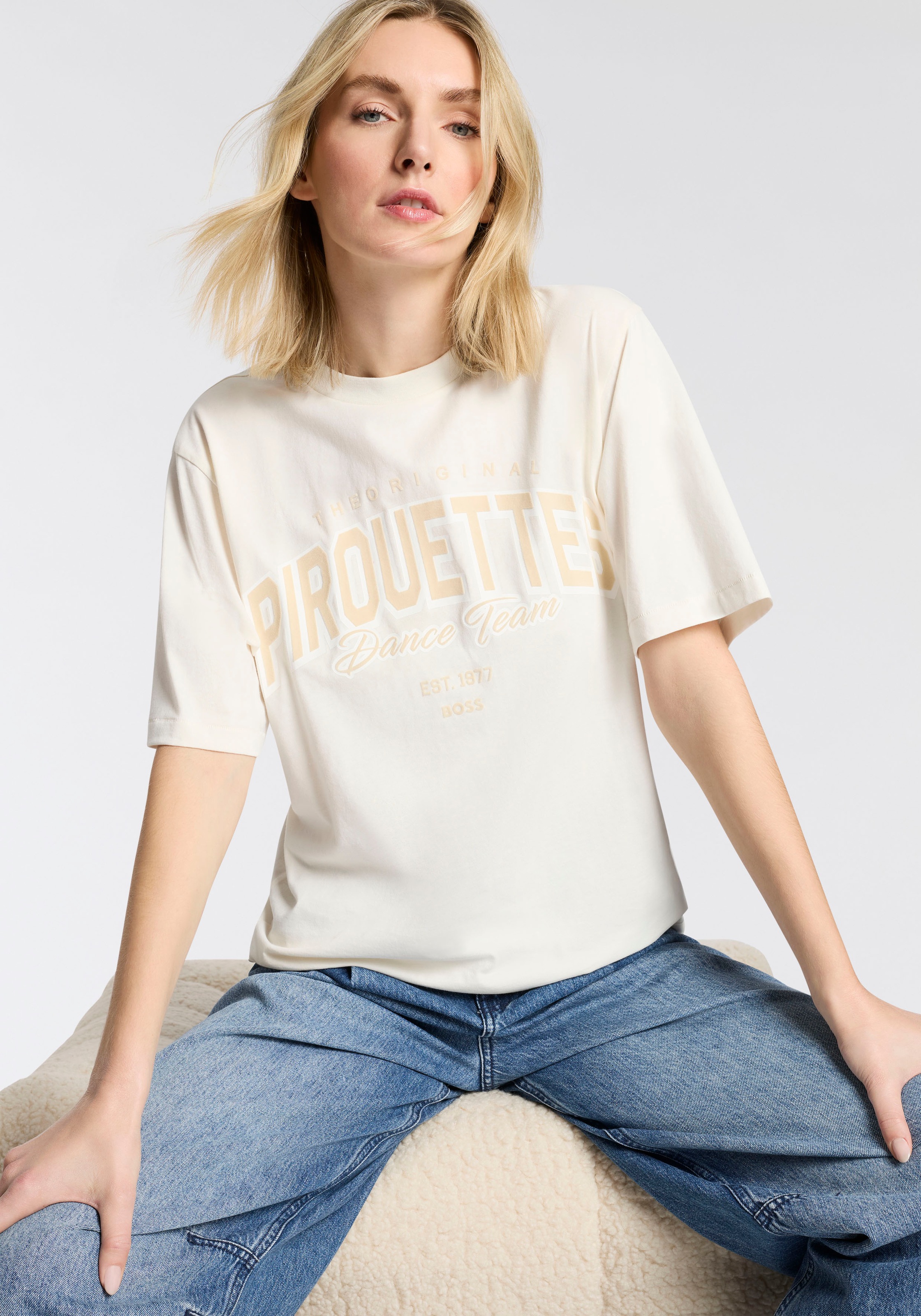 T-Shirt BOSS ORANGE "Eregular Premium Damenmode", Damen, Gr. S (36), open weiß 118, Single Jersey, Obermaterial: 100% Baumwolle, bedruckt, relaxed fit normal, Rundhals, Shirts T-Shirt, im Relaxed Fit 2