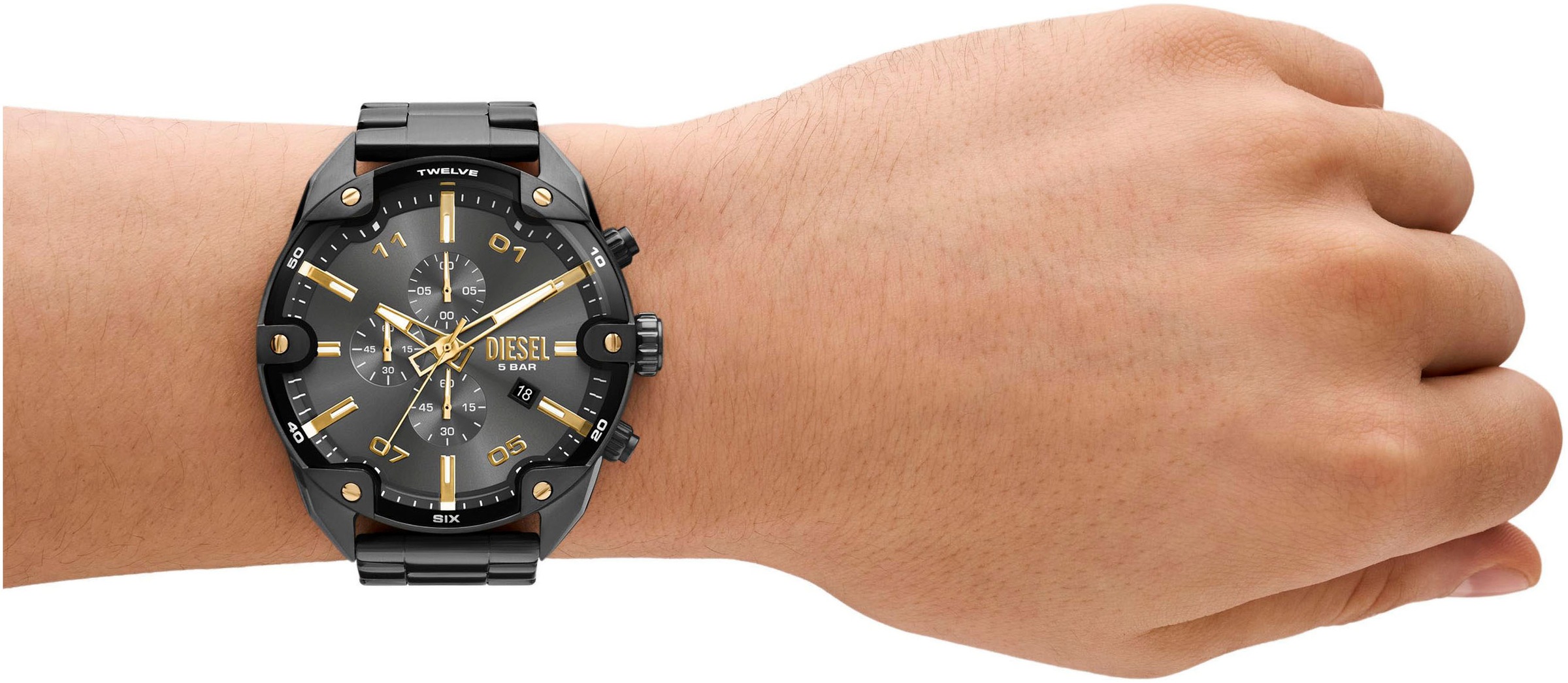 Chronograph DIESEL "SPIKED", schwarz (gunfarben), Armbanduhren, Damen, Chronograph, Quarzuhr, Armbanduhr, Herrenuhr, Stoppfunktion, Edelstahlarmband 4