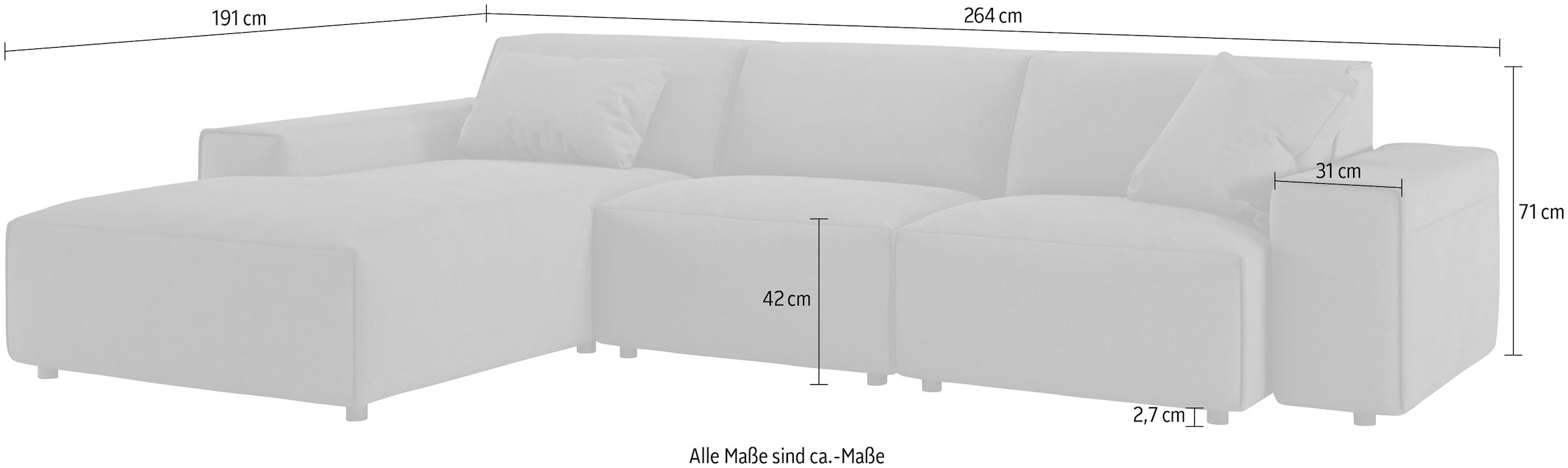 andas Ecksofa »Glimminge L-Form auch in Breitcord, Feincord + Easy care-Bezug,«, Breite 264, Zierkissen