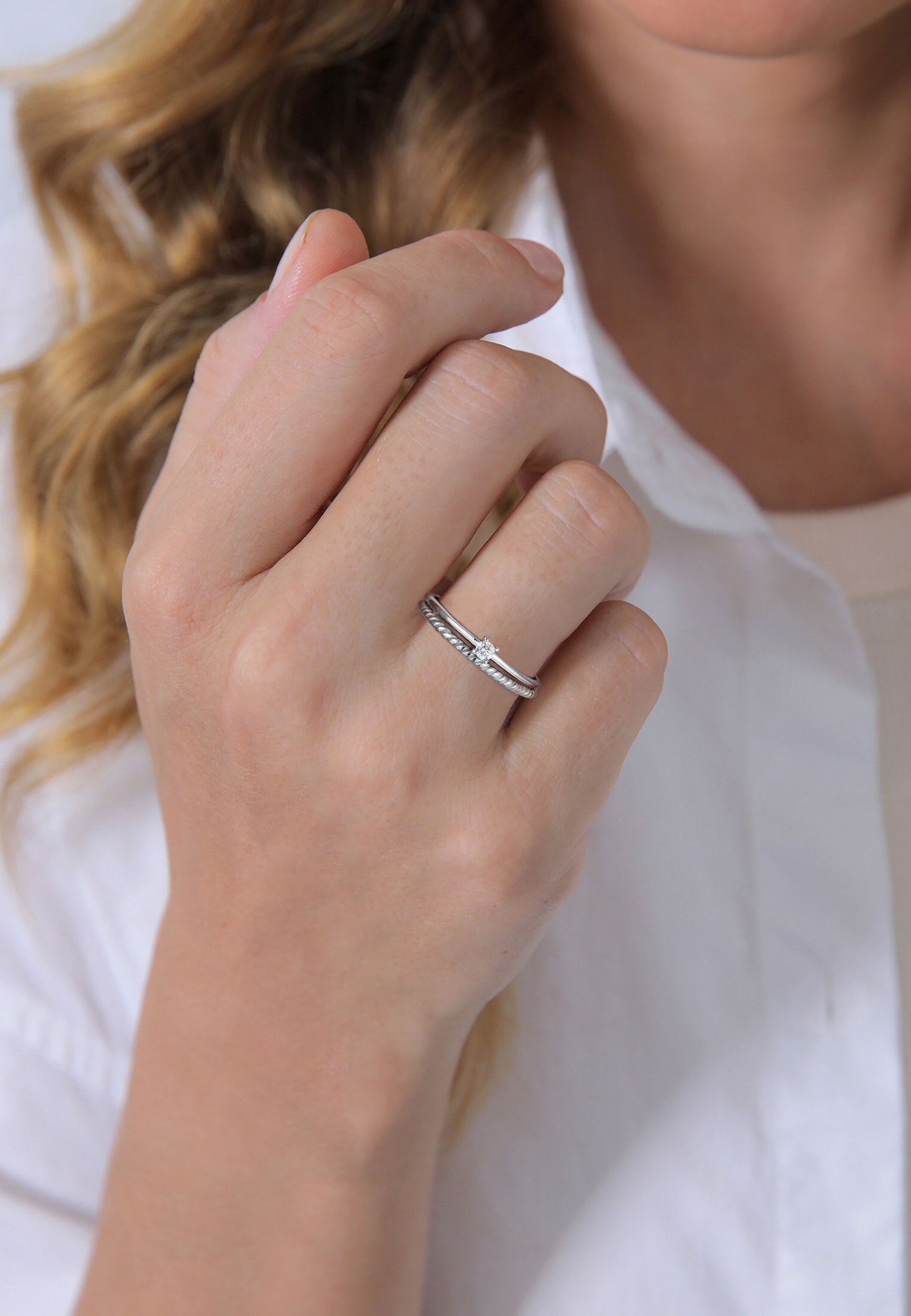 Elli DIAMONDS Ring-Set »Ring Diamant (0.06 ct) Solitär Bandring 585 Weißgold«