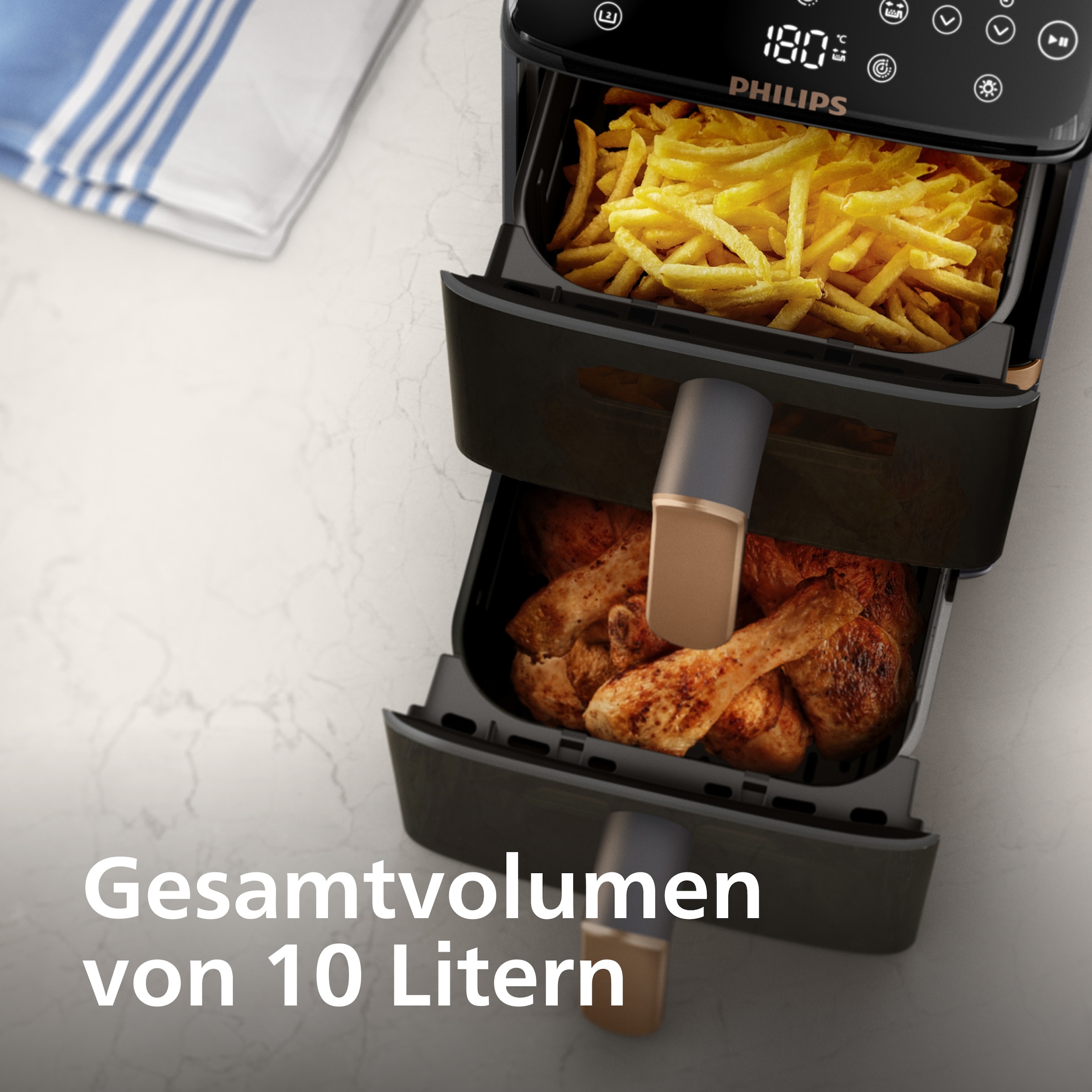 Philips Heißluftfritteuse »NA462/70 4000 Series Stacked Dual Basket und 10L Kapazität (5+5L)« 2750 W Fassungsvermögen 0 l RapidAir Technologie; Schwarz/Dunkelgrau, kupfer Griff