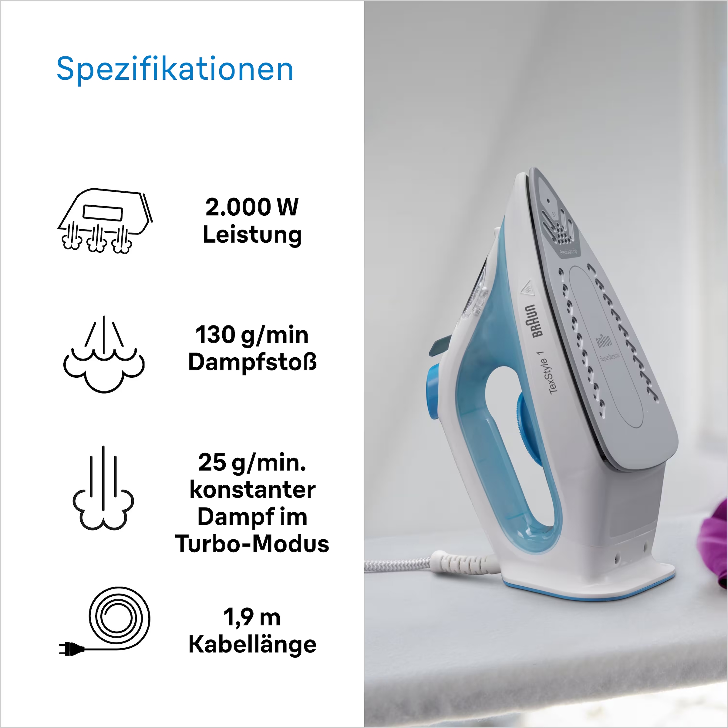 Braun Dampfbügeleisen »TexStyle 1 SI 1050 BL - 2.000 W, 120 g Dampfstoß, 220 ml Wassertank« 2000 W 25 g Dampfmenge, SuperCeramic Bügelsohle, 35 Sek. Aufheizzeit