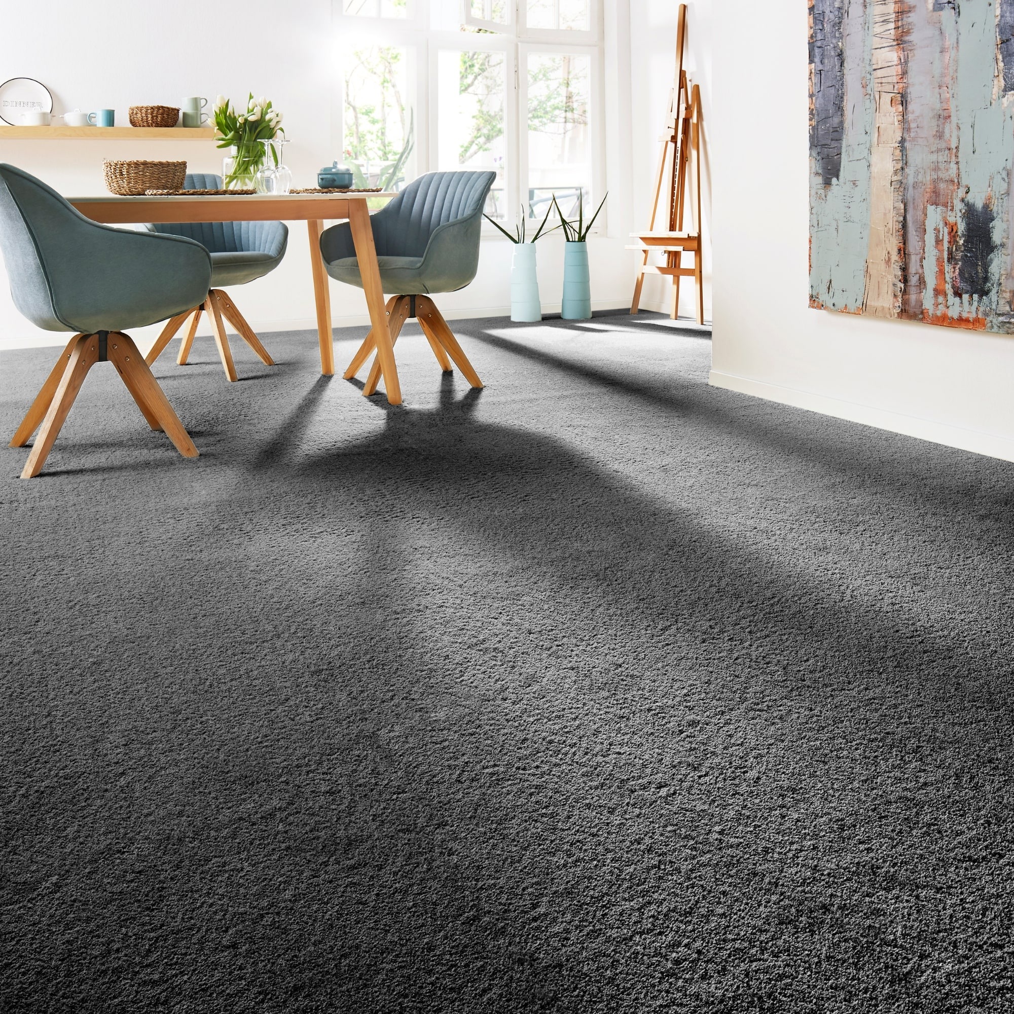 Teppichboden ANDIAMO "Softness, Velours, Gesamthöhe 17 mm, Made in Belgium", grau (anthrazit), B:400cm L:500cm, Kunstfaser, Teppiche, Uni Farben, Breite 400 cm, besonders weich, Wohnzimmer, Schlafzimmer