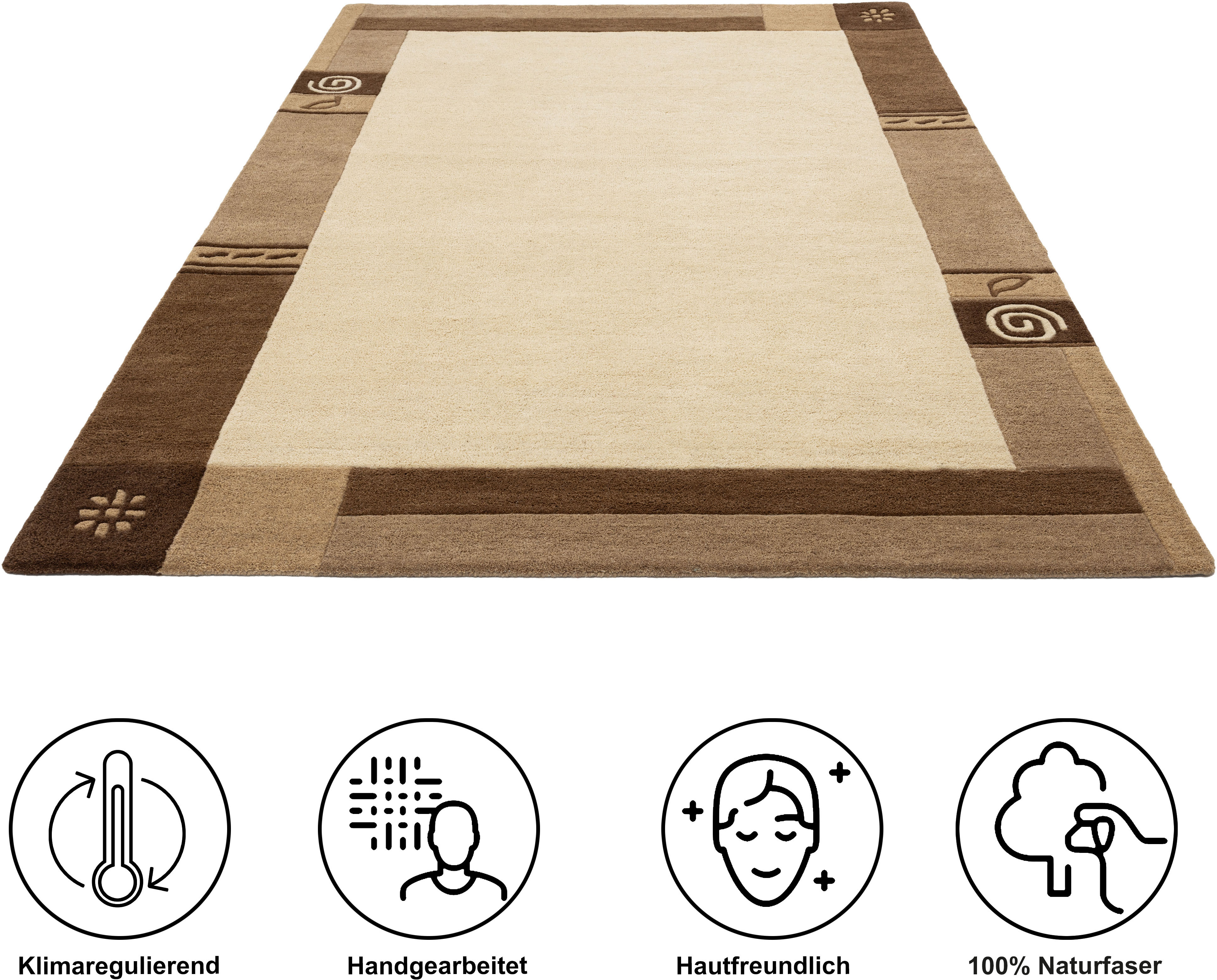 Thumbnail - THEKO Wollteppich "Tromso, Wolle, Handgefertigt, Bordüre mit Hoch-Tief-Effekt" rechteckig 15 mm Höhe Wohnzimmer, Schlafz...