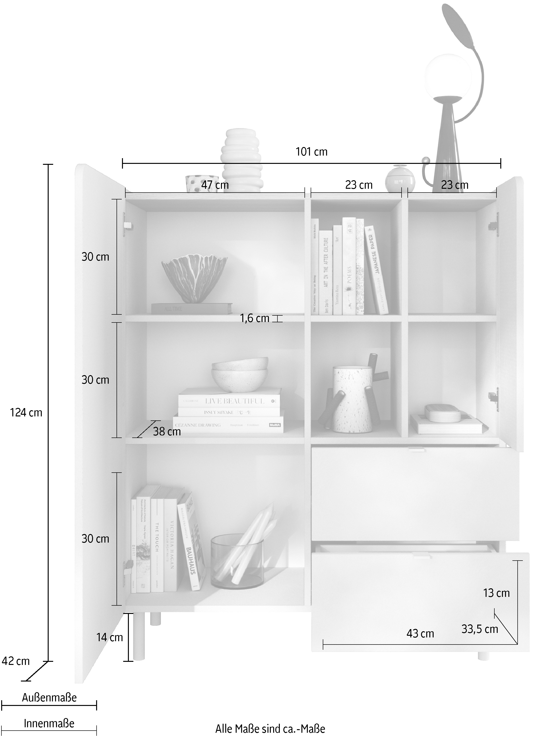 OTTO home Highboard »Dobbiaco, B/H 101/124 cm, 2 Türen, 2 Schubkästen, Stauraumschrank« Innenliegendes Top, gerade Metallfüße, Tür mit Rundung