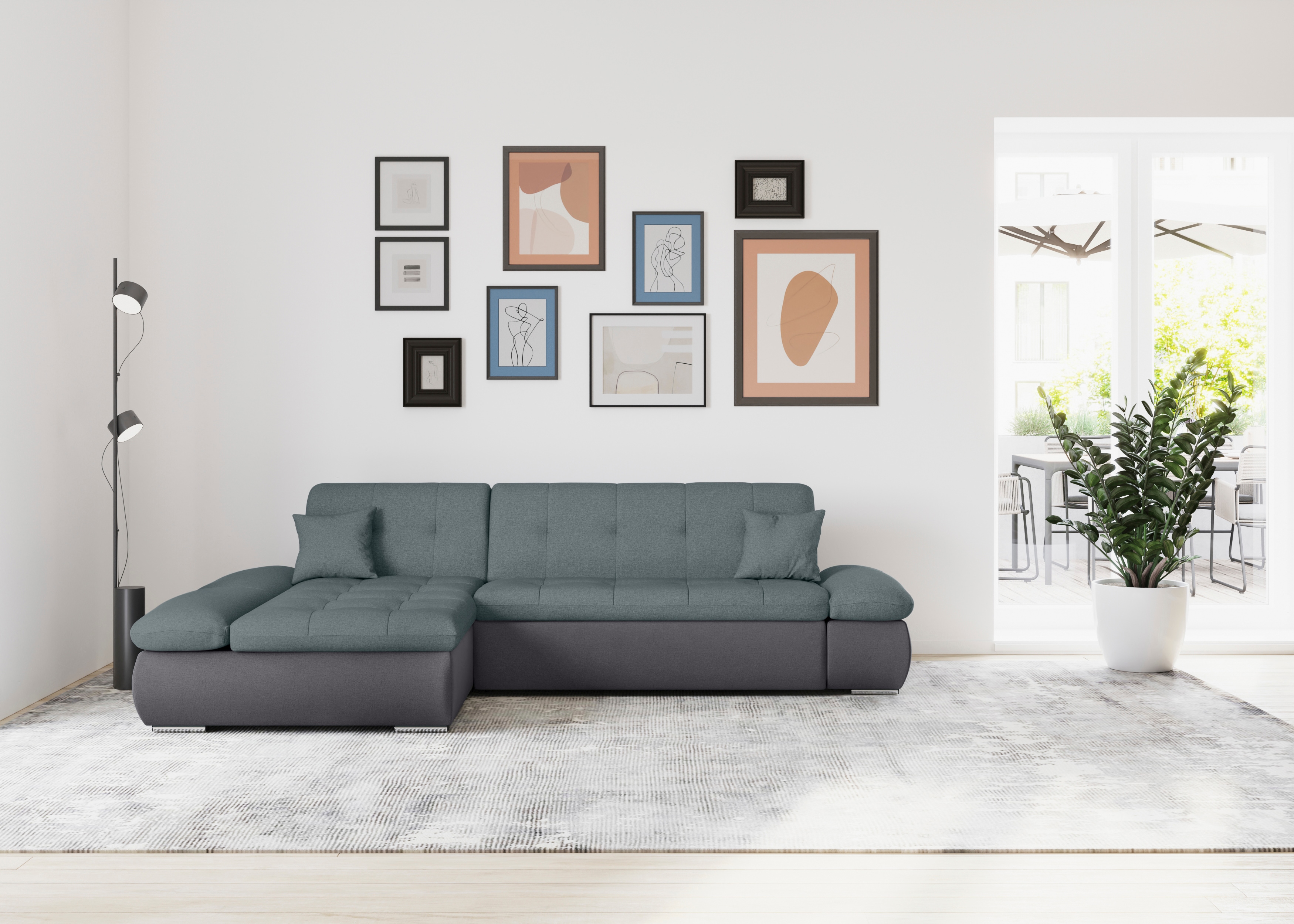 DOMO collection Ecksofa "MORIC 300x172 cm, XXL-Sofa mit viel Platz, L-Form, auch in Cord" wahlweise mit Bettfunktion und Armteilverstellung, grau-eisblau