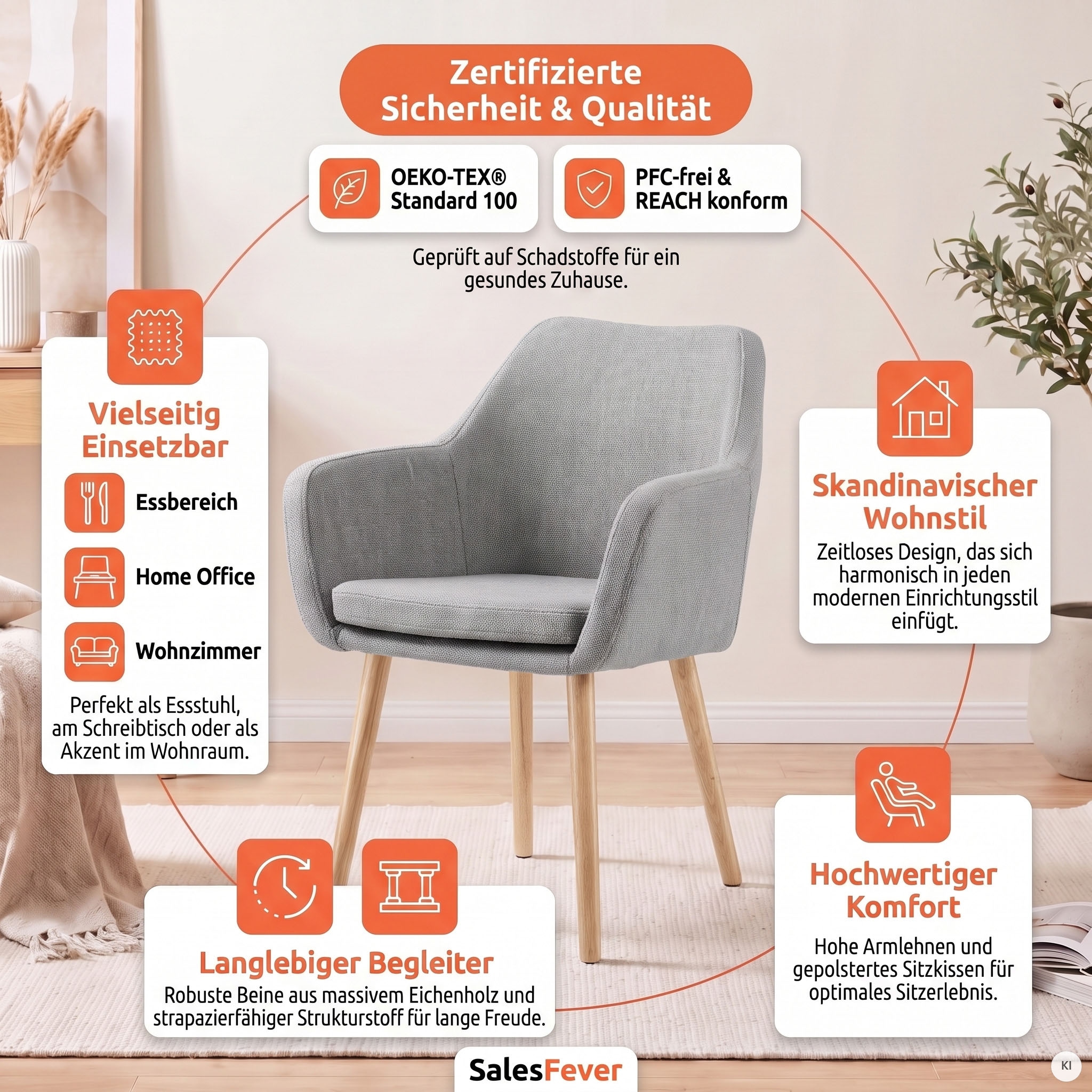 SalesFever Armlehnstuhl »Komfortabler Esszimmerstuhl mit Stil« () Stuhlbeine aus massivem Eichenholz