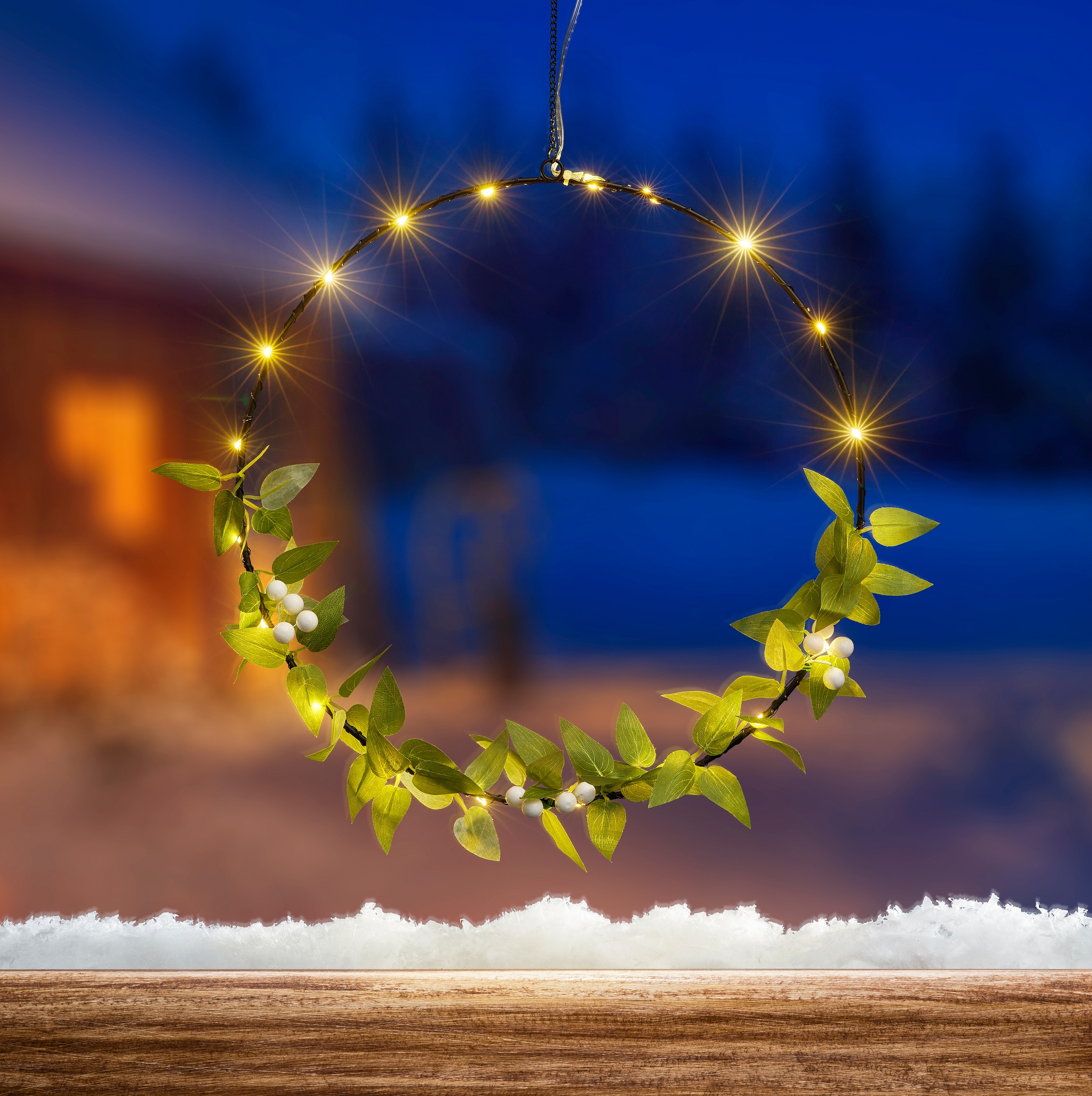 IC WINTERWORLD LED Dekolicht "Weihnachtsdeko", schwarz (schwarz, grün), Ø 30cm, 1 Stk., Leuchten, Beleuchteter Metall-Ring, mit Blättern beschmückt, Ø ca. 30cm 3