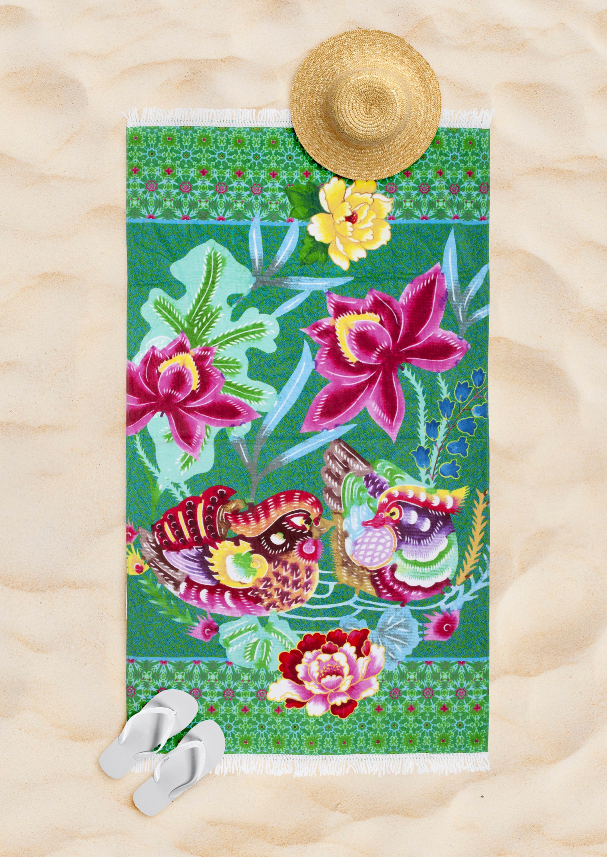Happiness Strandtuch »Harmony«, (1 St., Strandtuch 100 x 180 cm), Baumwolle, Velours, 100x180, Fransen, Weich, Strand, Erwachsen, Blumen