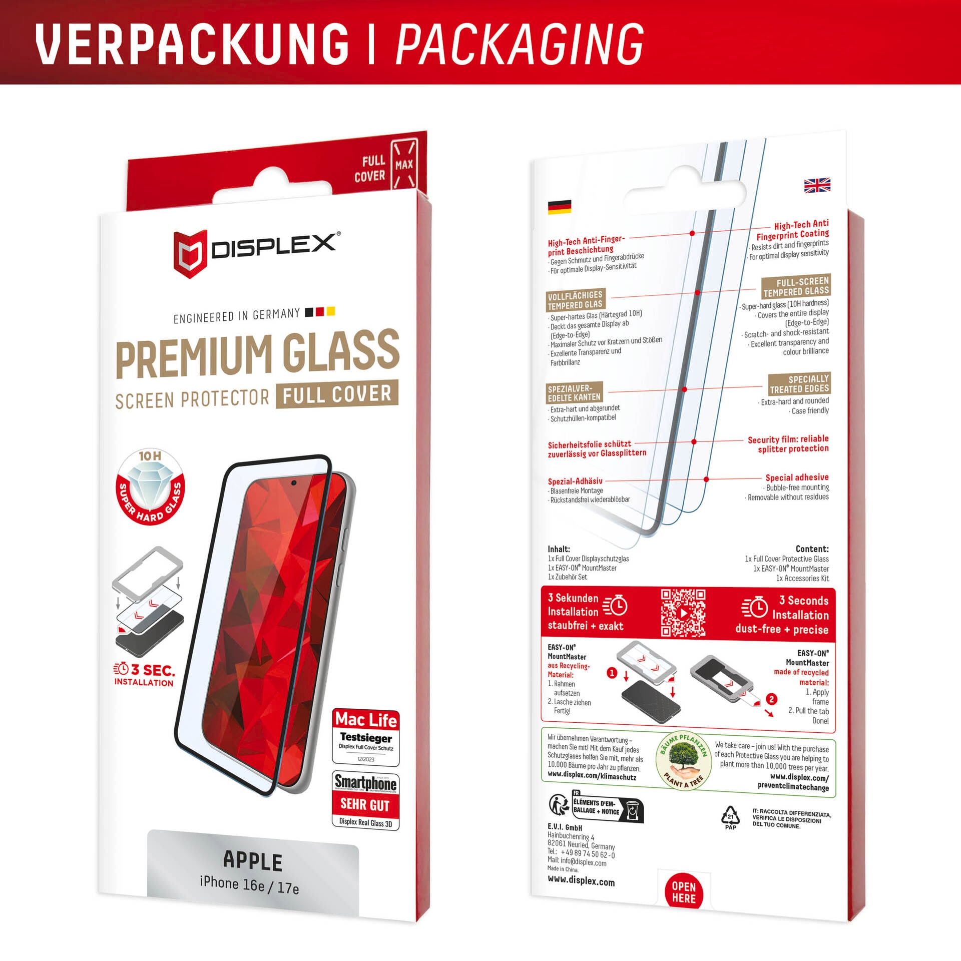 Displex Displayschutzglas »Premium Glass Screen Protector mit EASY-ON MountMaster« für Apple iPhone 16e;Apple iPhone 17e Displayschutzfolie, Schutzfolie, Bildschirmschutz, kratz- & stoßfest