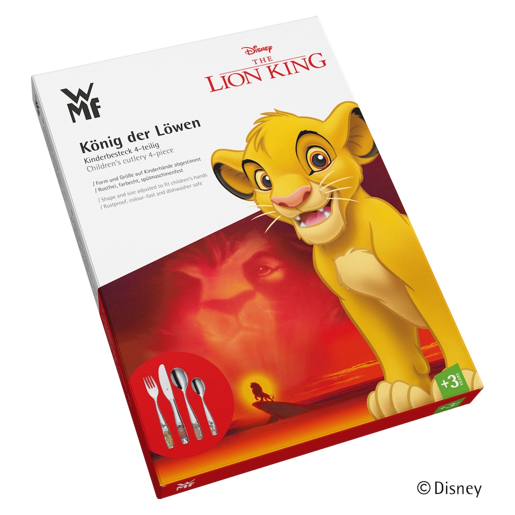 WMF Kinderbesteck »Lion King«, (Set, 4 tlg.), Kindermesser mit leichtem Wellenschliff