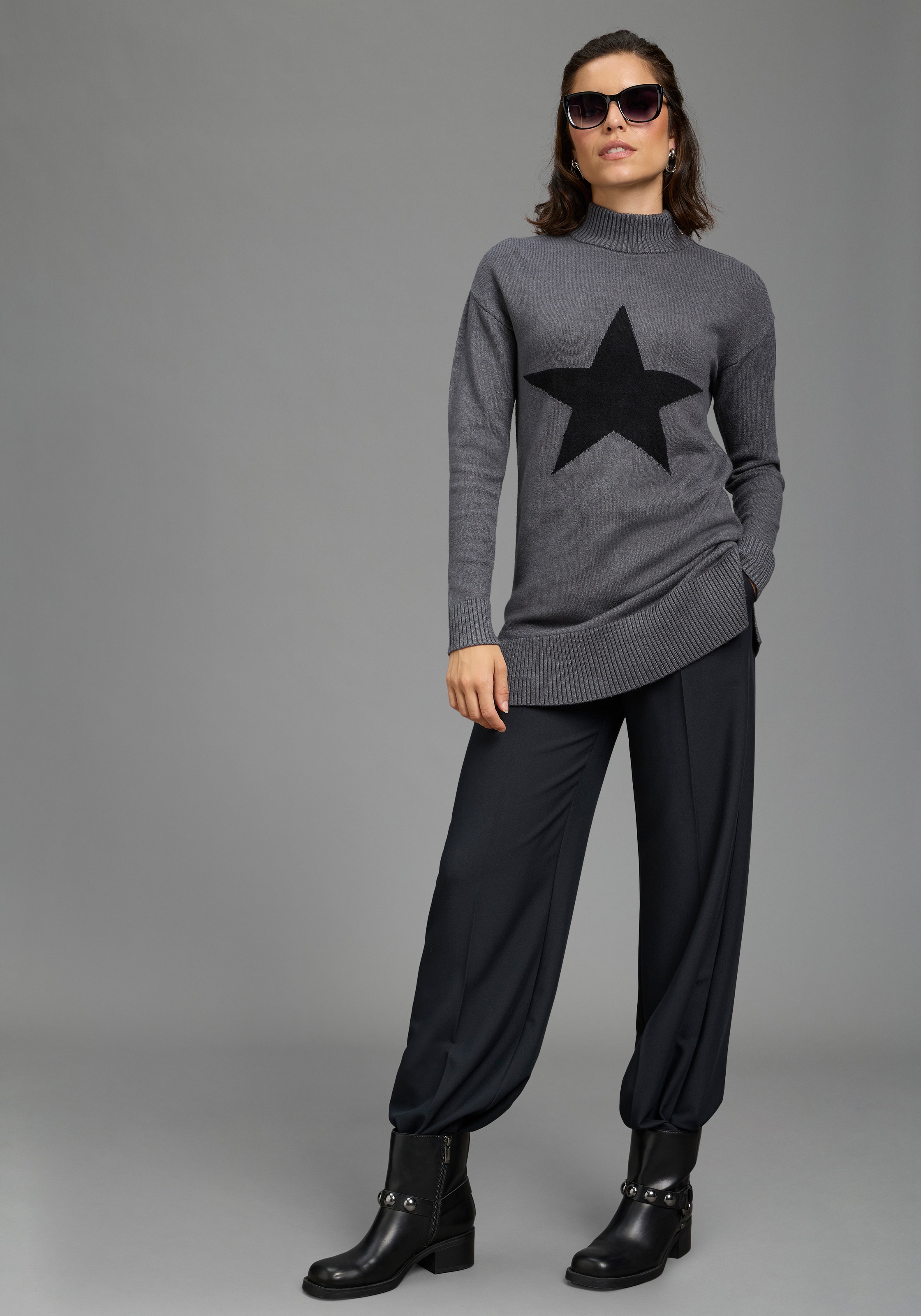 Laura Scott Strickpullover »mit Stehkragen und Reißverschluss, lässig geschnitten« mit Stern-Design